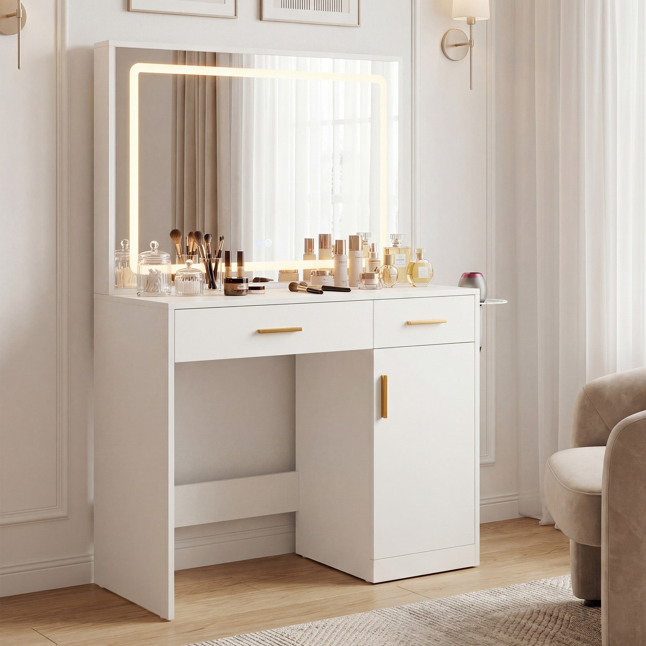 White Makeup Vanity Desk with Lighted LED Mirror, Charging Station & 2 Drawers