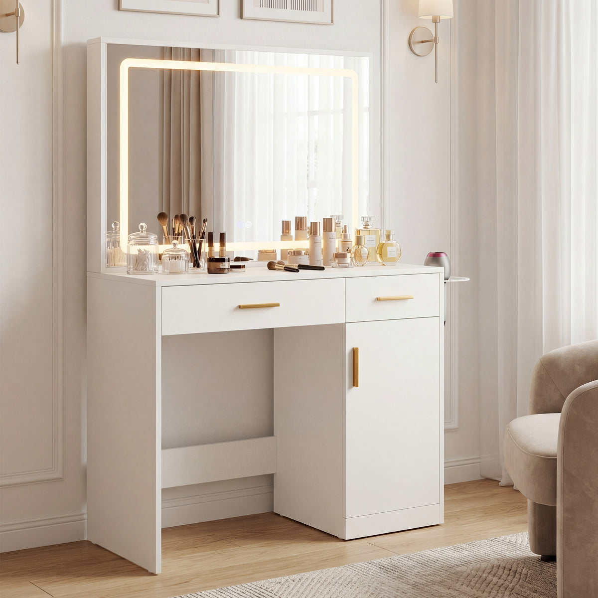 White Makeup Vanity Desk with Lighted LED Mirror, Charging Station & 2 Drawers