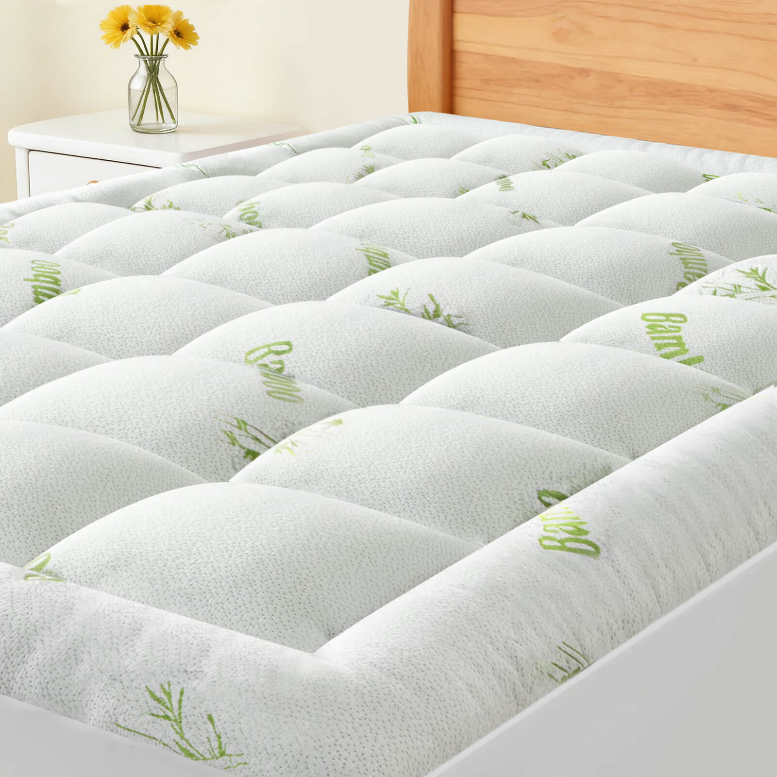 Cooling Bamboo Mattress Topper - Ultra Soft Pillow Top Mattress Pad with Deep Pockets, Breathable Cover for Hot Sleepers & Back Pain