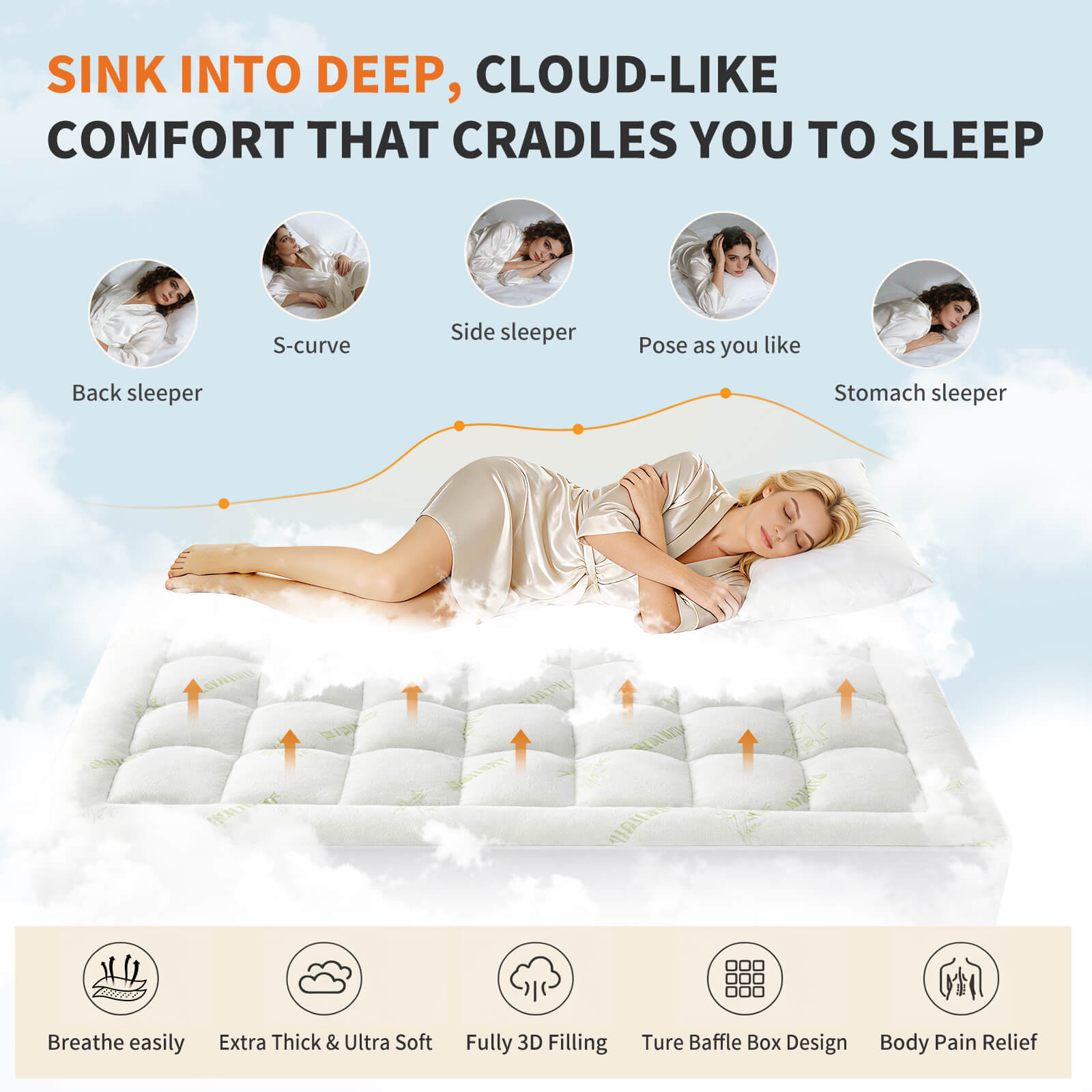 Cooling Bamboo Mattress Topper - Ultra Soft Pillow Top Mattress Pad with Deep Pockets, Breathable Cover for Hot Sleepers & Back Pain