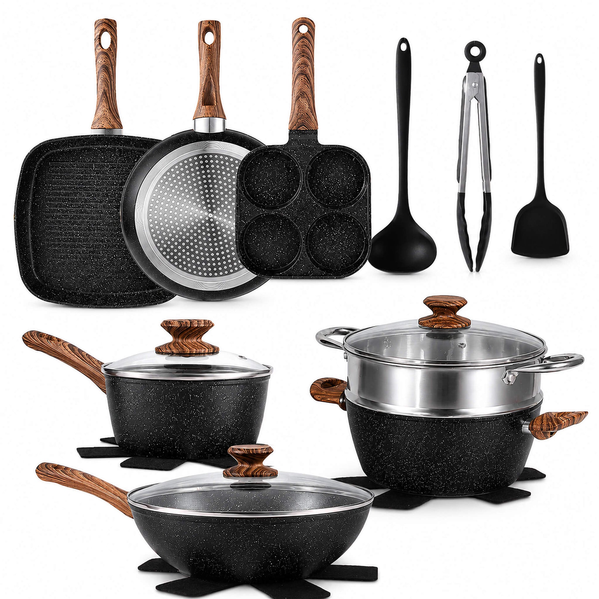 17-Piece Non-Stick Cookware Set with Detachable Handles