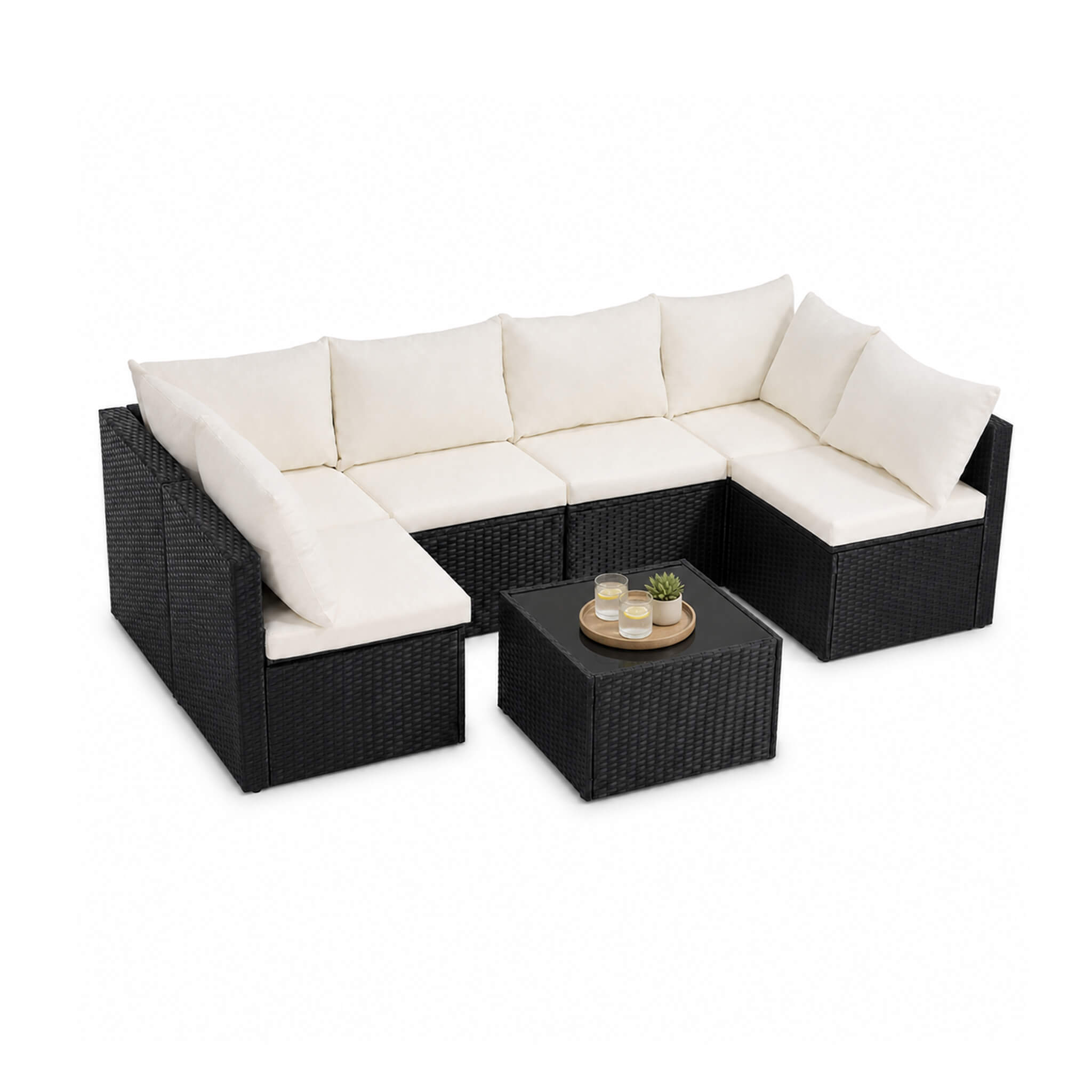 Outdoor Wicker Sectional Sofa Set-6 Sectionals & Glass Table