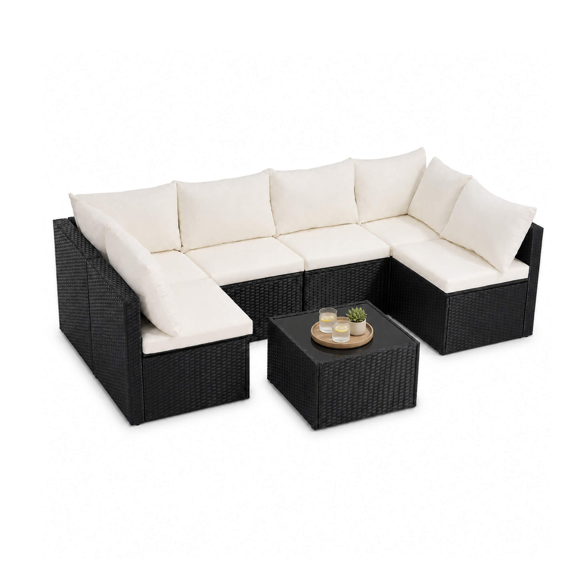 Outdoor Wicker Sectional Sofa Set-6 Sectionals & Glass Table