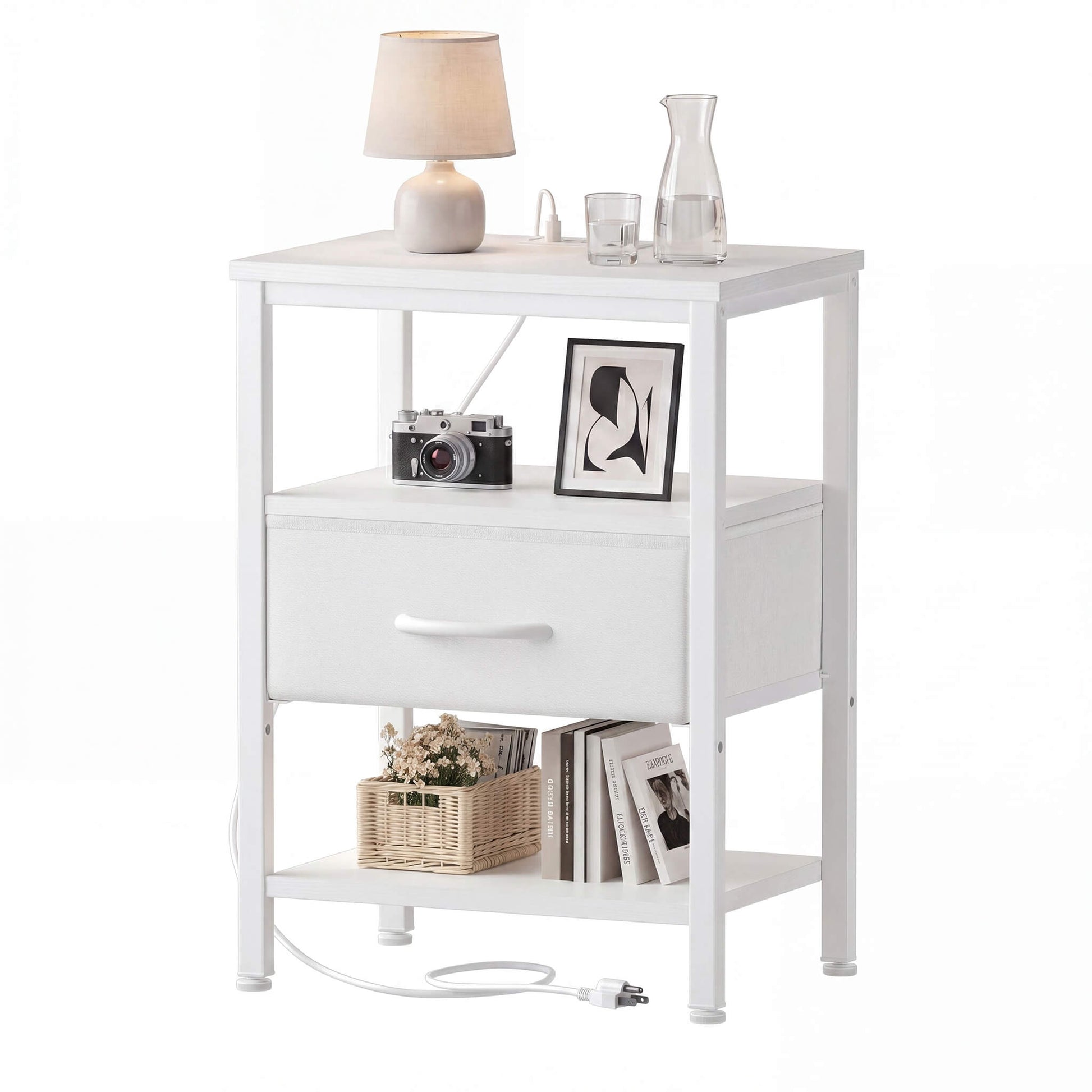 Modern Nightstand with Power Outlets and Fabric Drawer
