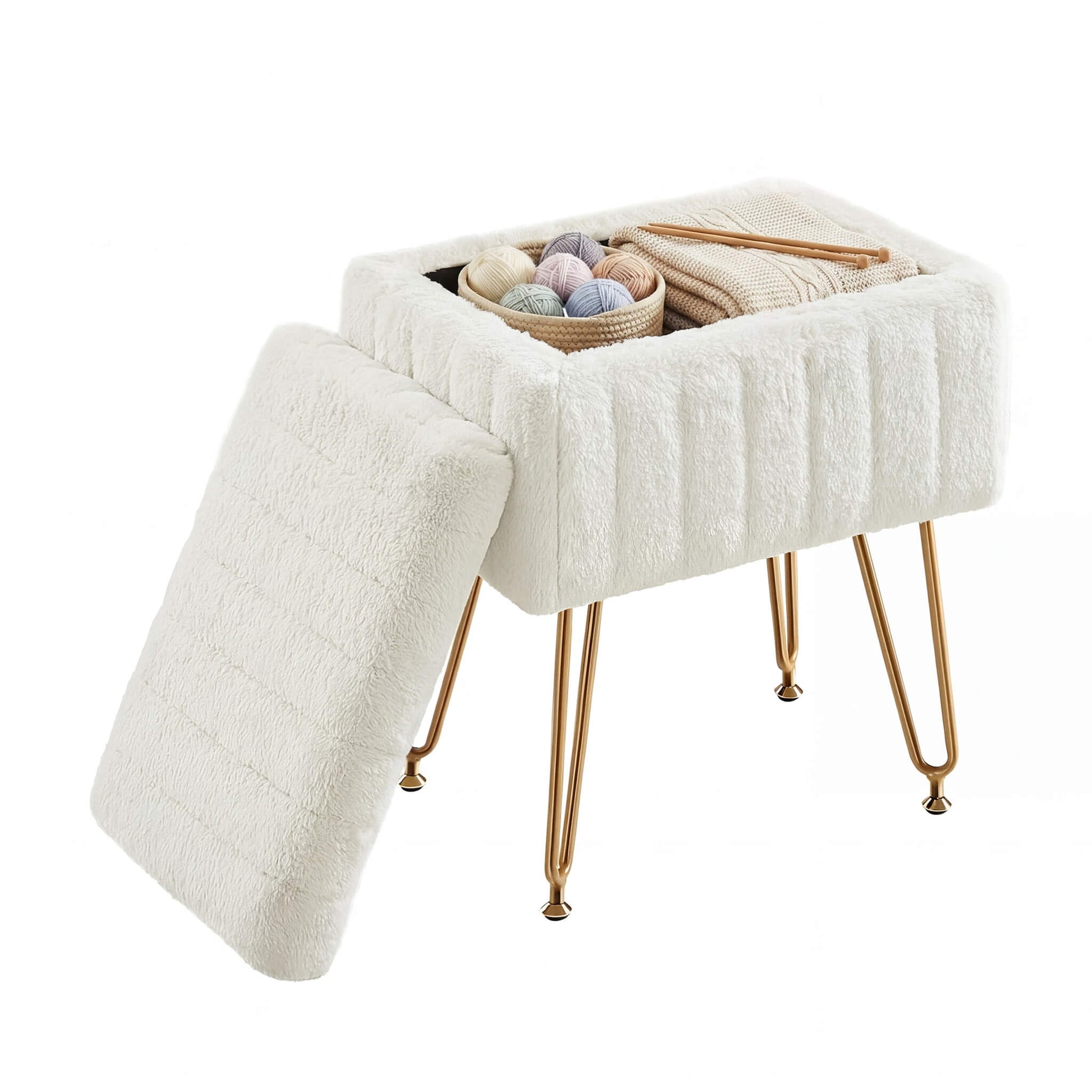 Vanity Stool Chair with Storage and Adjustable Metal Feet