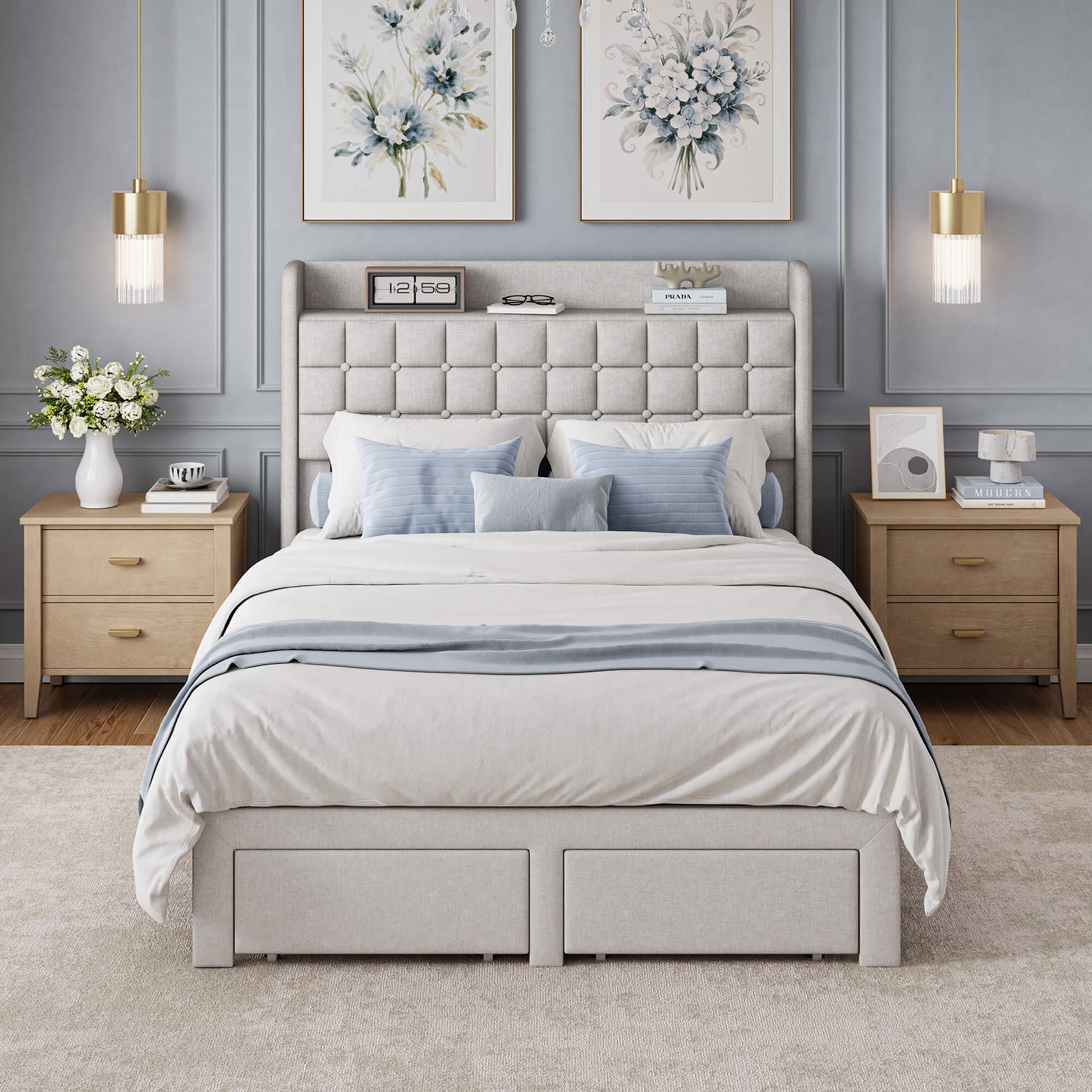 Upholstered Heavy Duty Platform Bed Frame with Drawers