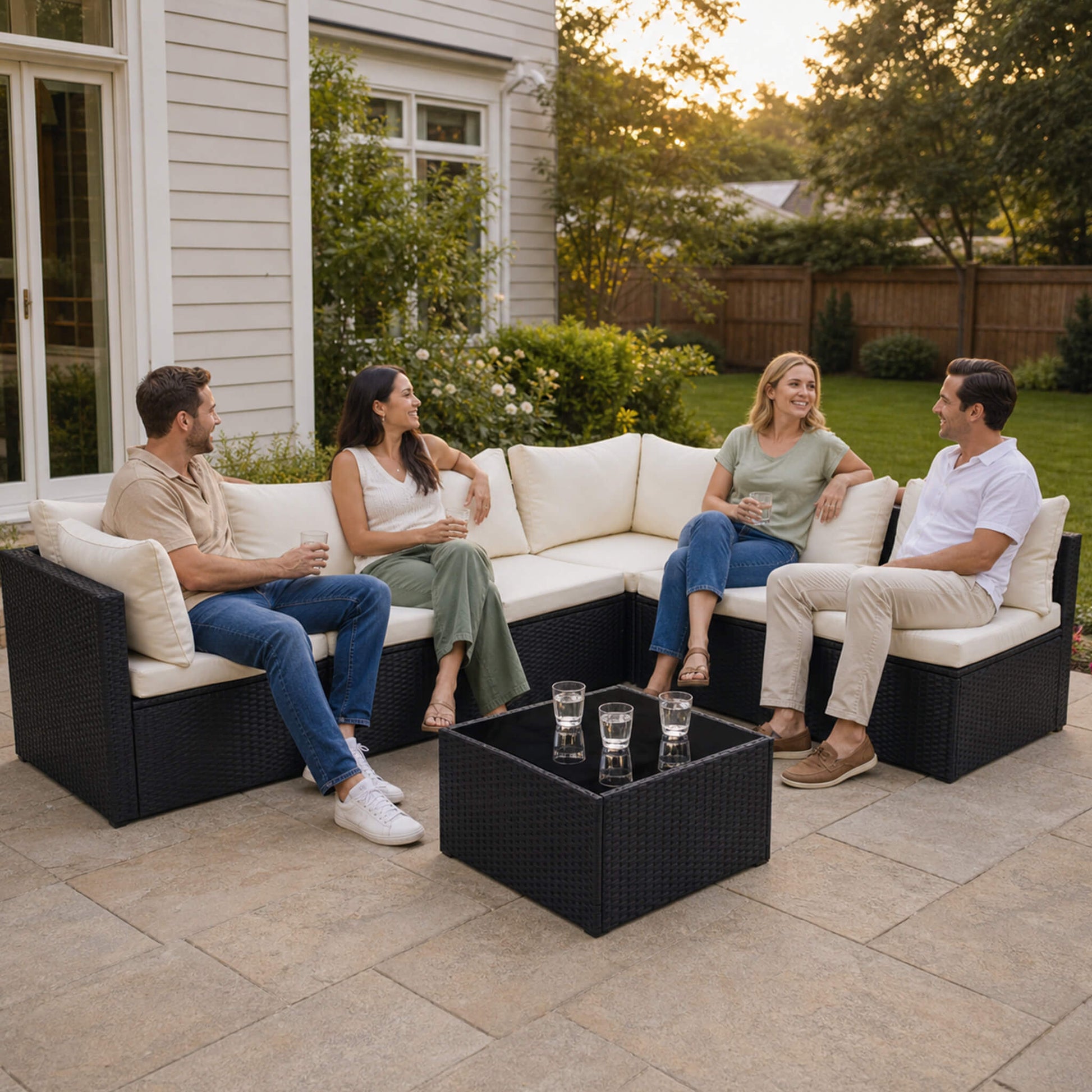 Outdoor Wicker Sectional Sofa Set-6 Sectionals & Glass Table