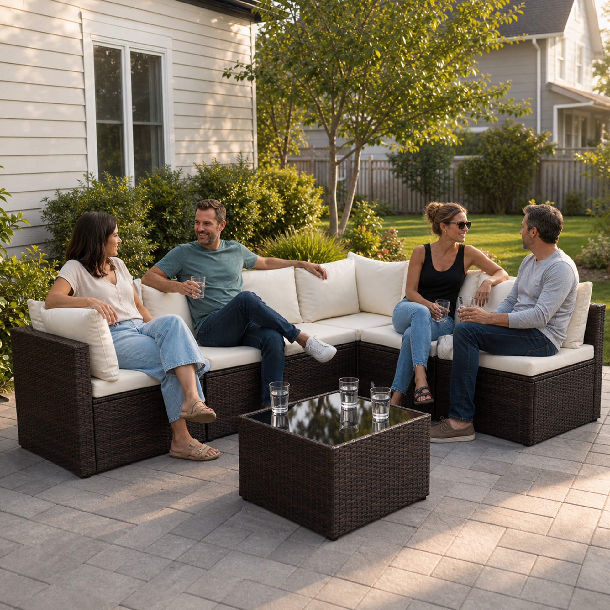 Outdoor Wicker Sectional Sofa Set-6 Sectionals & Glass Table