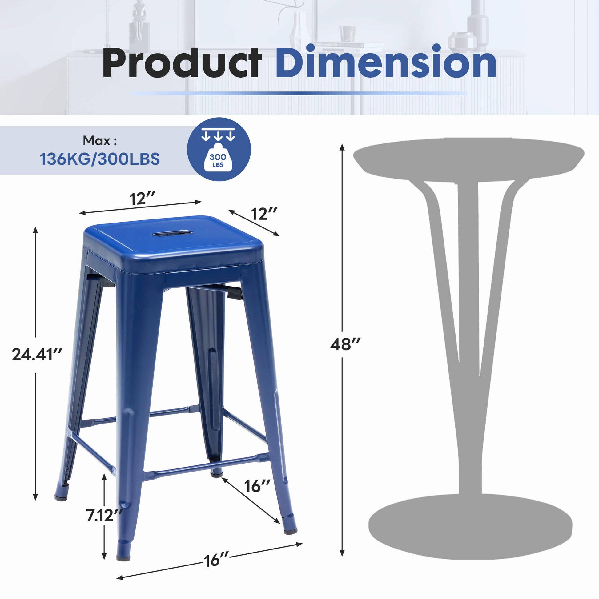 Stackable Metal Bar Stools (Backless) – 4-Piece Dining Set