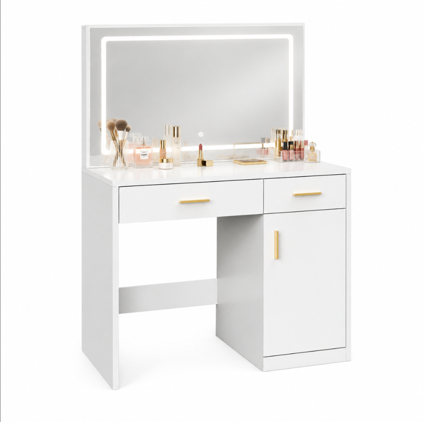 White Makeup Vanity Desk with Lighted LED Mirror, Charging Station & 2 Drawers