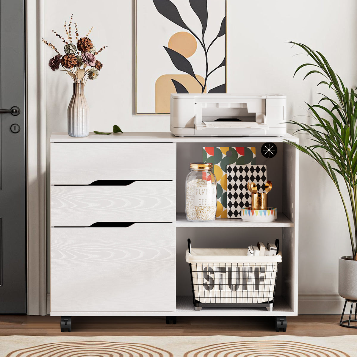 3-Drawer Rolling File Cabinet with Open Storage Shelf - Black/White