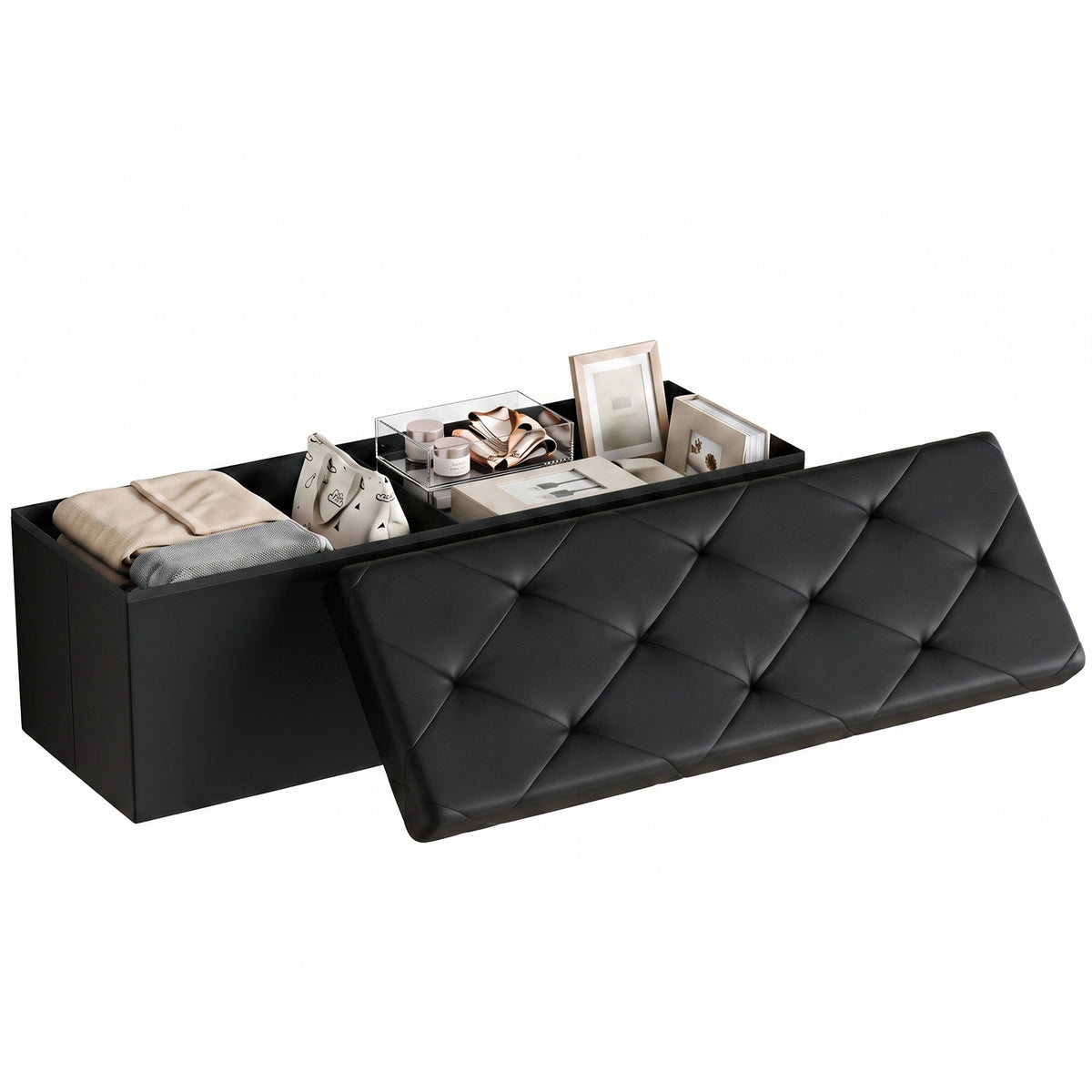 Storage Ottoman Bench, Foldable PVC Leather Chest &amp; Foot Stool with Padded Seat for Bedroom, Supports 660 lbs