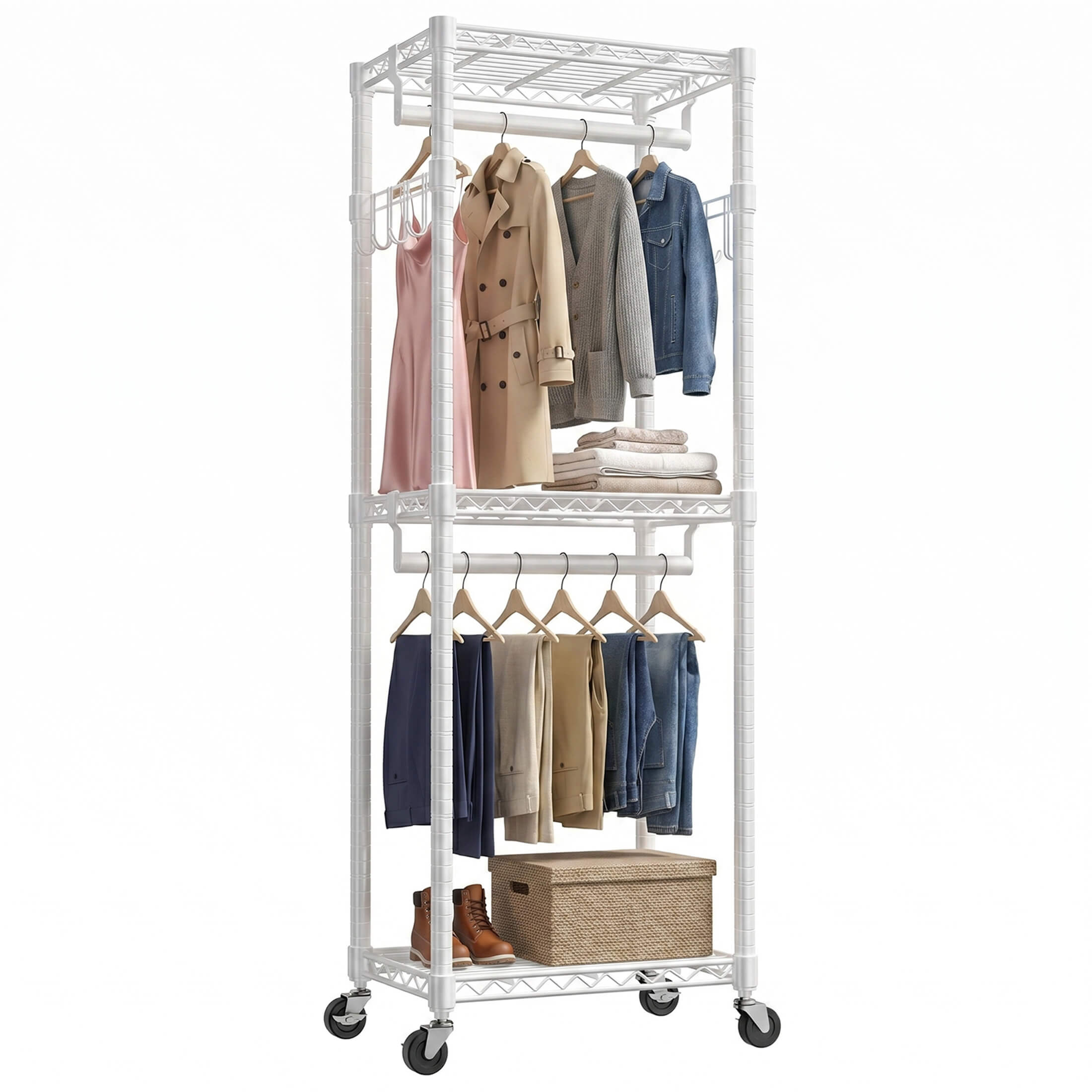 Adjustable metal coat rack with shelves and hooks