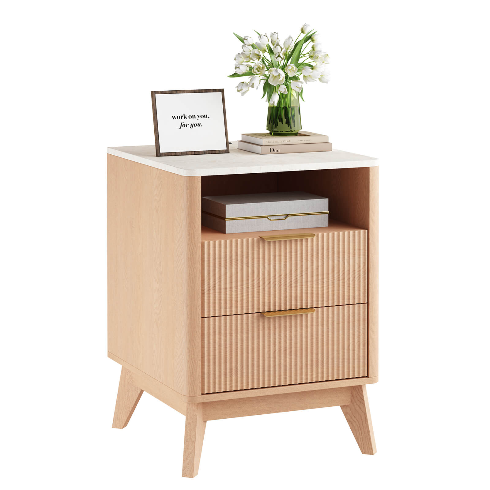 Wooden Nightstand with AC Outlets – Mid-Century Design