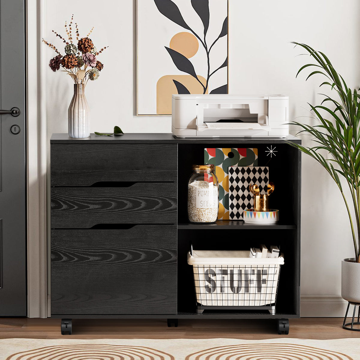 3-Drawer Rolling File Cabinet with Open Storage Shelf - Black/White