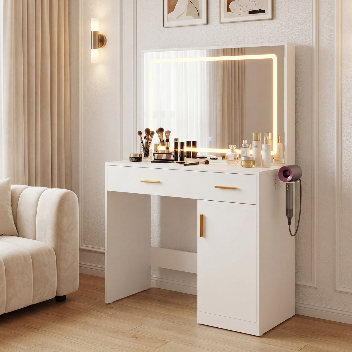 White Makeup Vanity Desk with Lighted LED Mirror, Charging Station & 2 Drawers