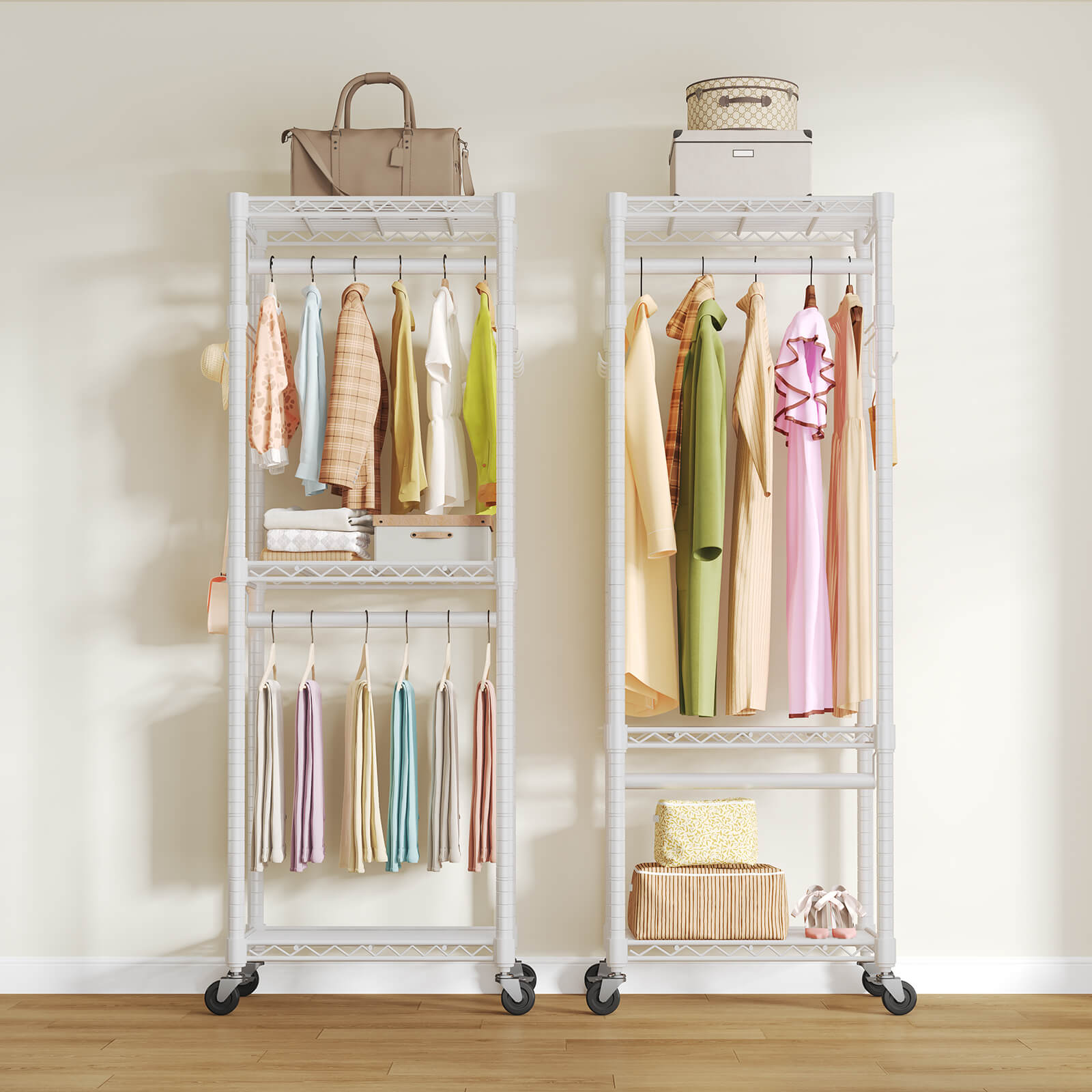 Adjustable metal coat rack with shelves and hooks