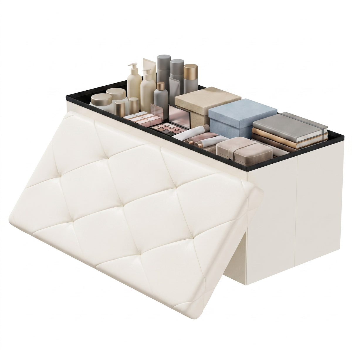 Storage Ottoman Bench, Foldable PVC Leather Chest &amp; Foot Stool with Padded Seat for Bedroom, Supports 660 lbs