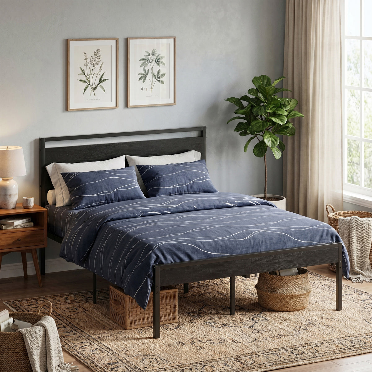 Metal Platform Bed Frame with Wooden Headboard & Footboard, No Box Spring Needed
