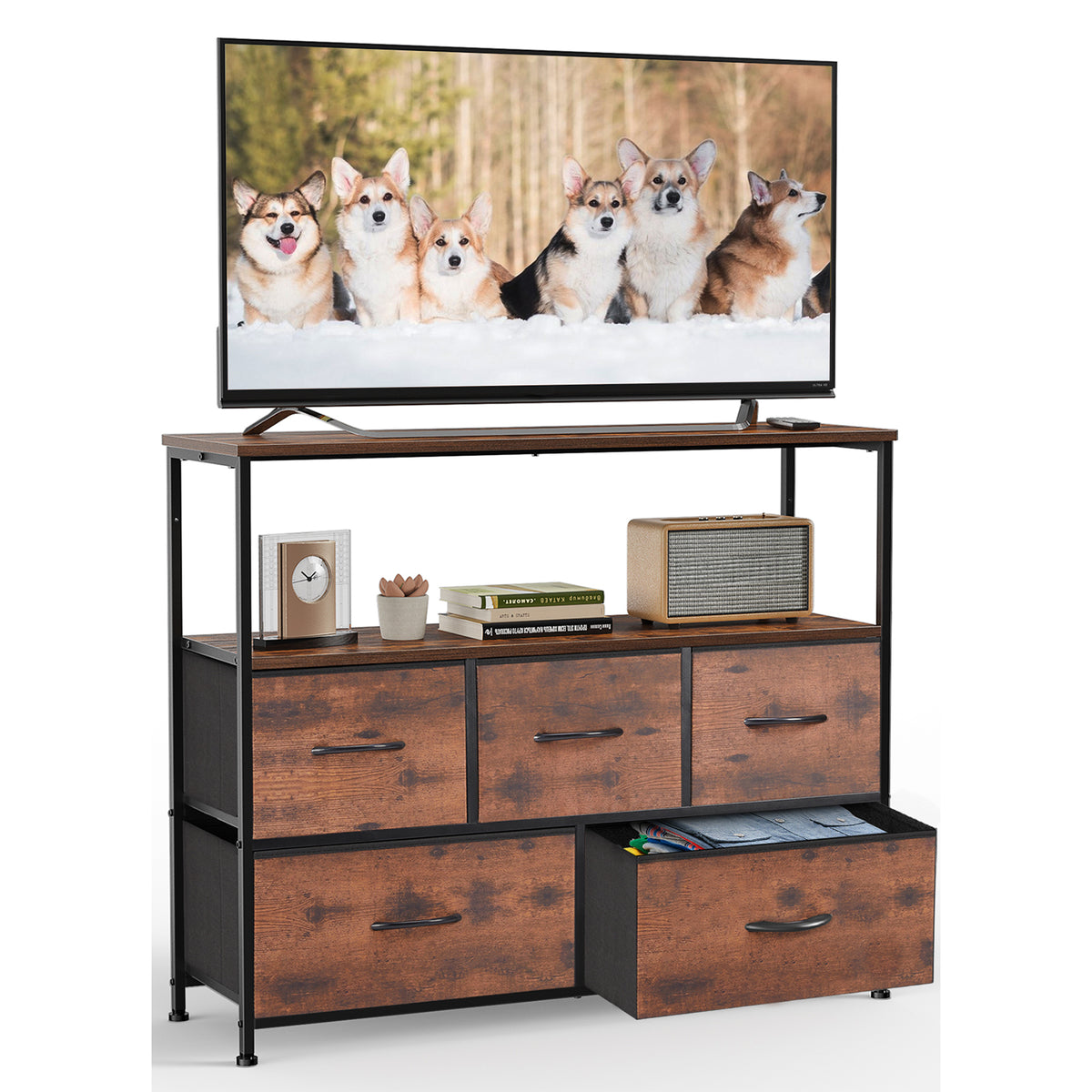 Modern TV Stand with 5 Fabric Drawers, Adjustable Feet, TV Cabinet for Living Room Bedroom
