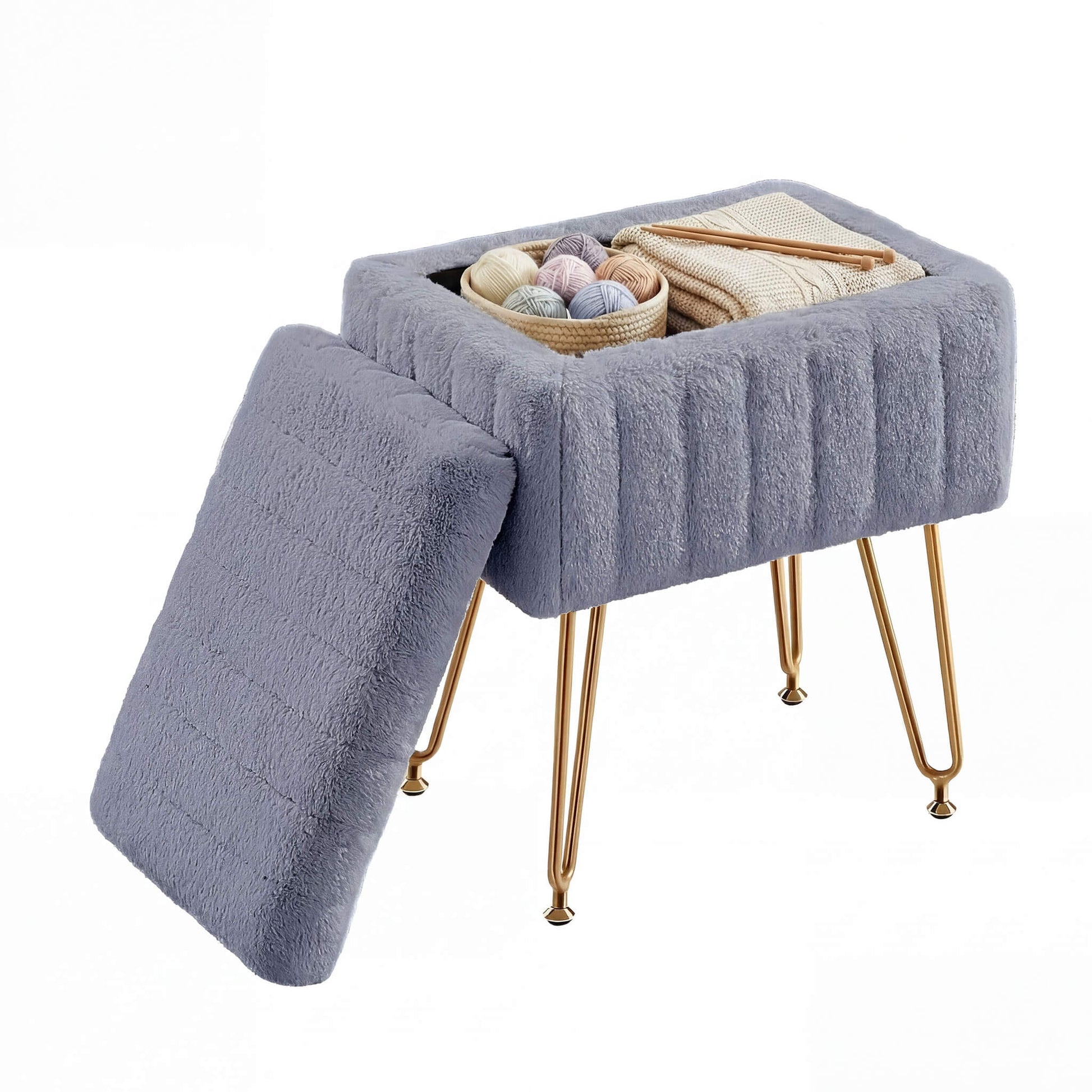 Vanity Stool Chair with Storage and Adjustable Metal Feet