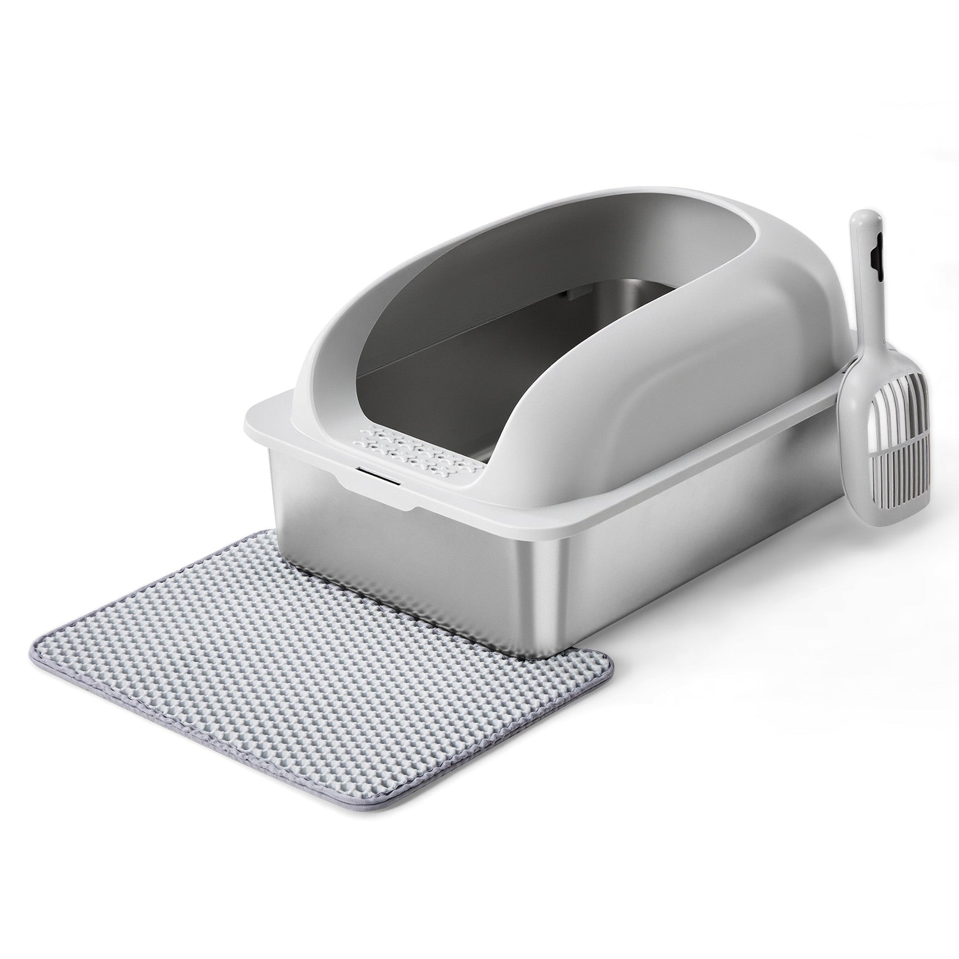 Stainless Steel Cat Litter Box with Scoop & Double-Layer Mat
