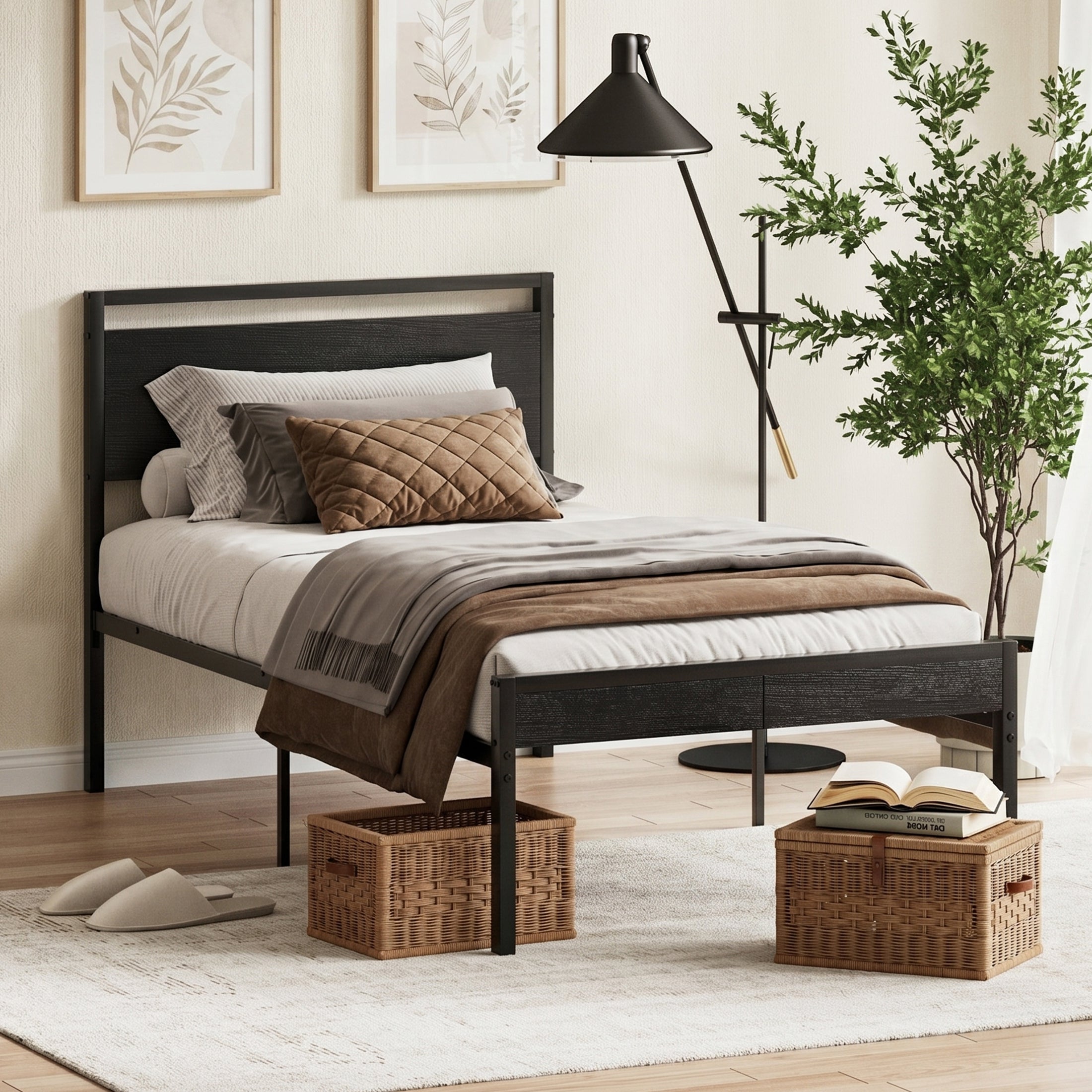 Metal Platform Bed Frame with Wooden Headboard & Footboard, No Box Spring Needed