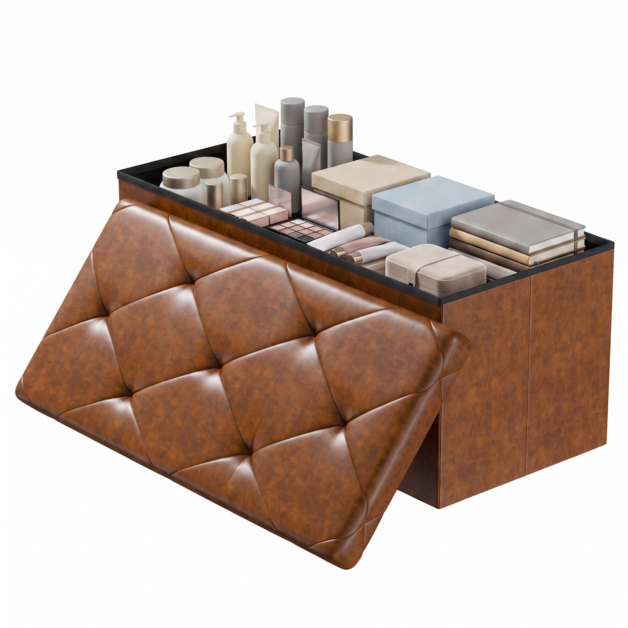 Storage Ottoman Bench, Foldable PVC Leather Chest &amp; Foot Stool with Padded Seat for Bedroom, Supports 660 lbs