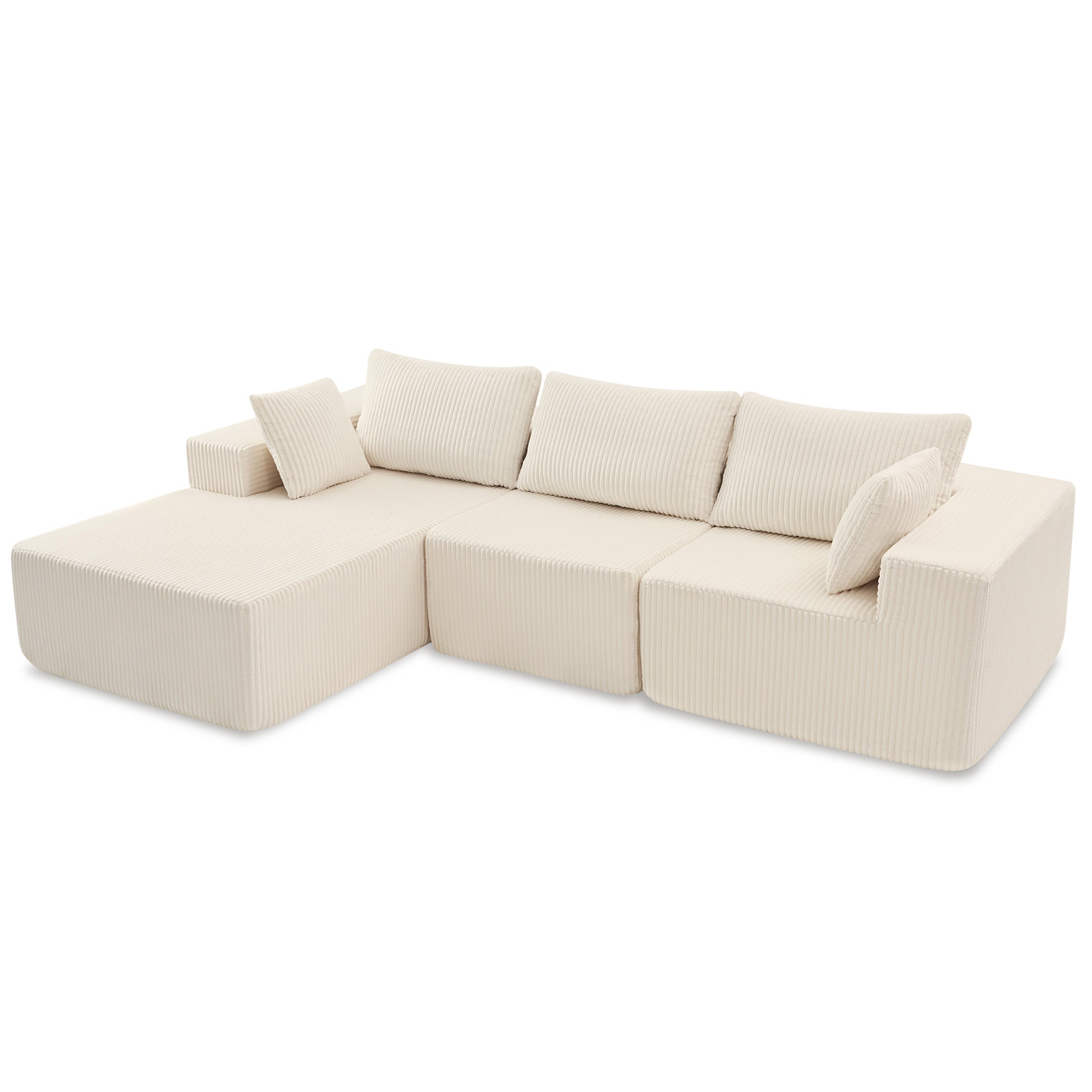 108" Modular Sectional Sofa with Chaise, Cloud Plush Corduroy Couch - Beige