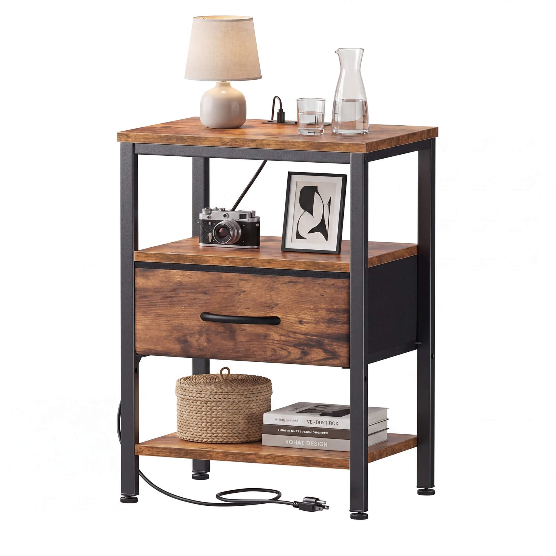Modern Nightstand with Power Outlets and Fabric Drawer