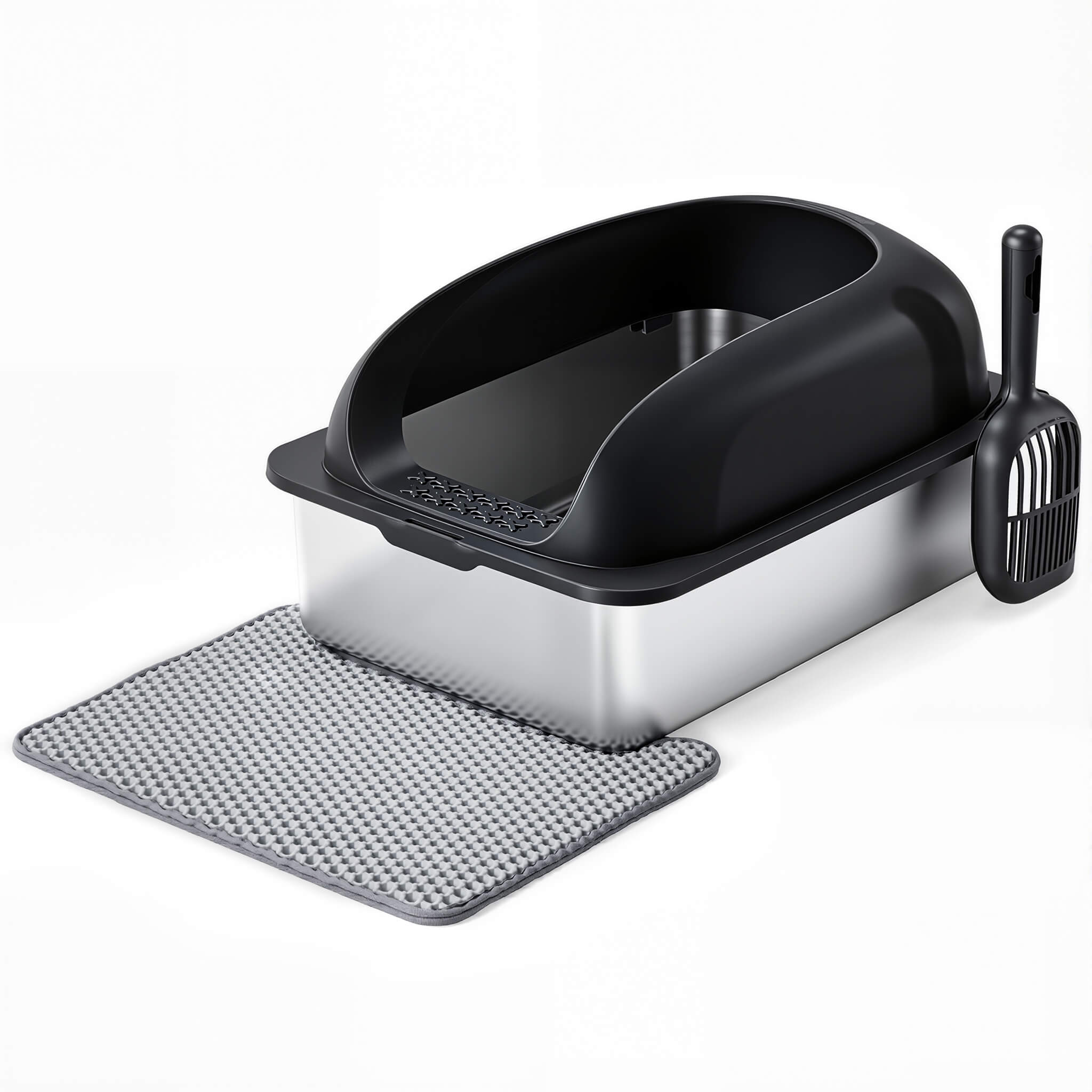 Stainless Steel Cat Litter Box with Scoop & Double-Layer Mat