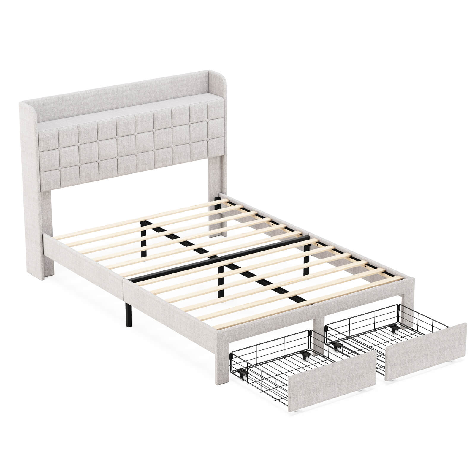 Upholstered Heavy Duty Platform Bed Frame with Drawers