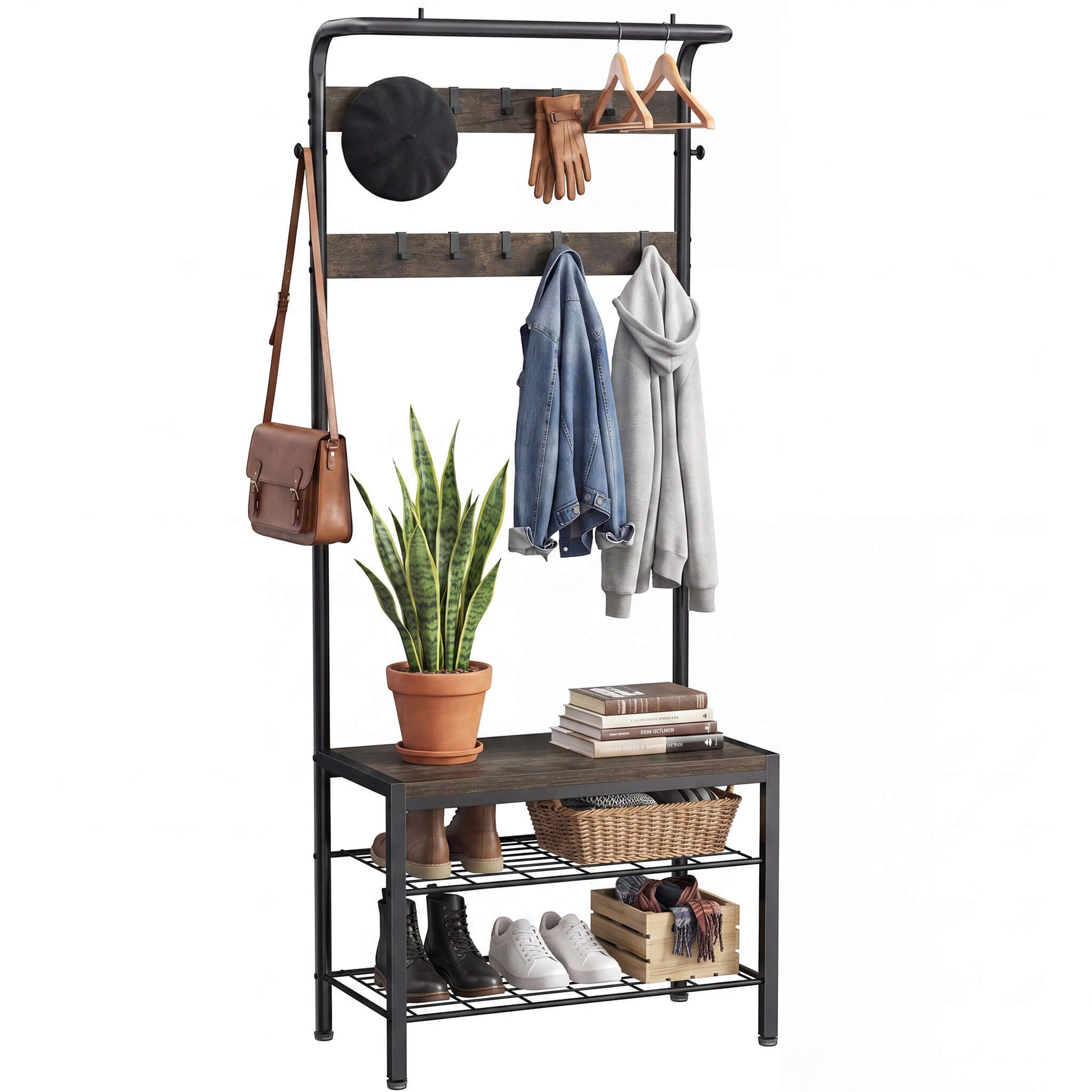 Modern Coat Rack with Shoe Bench, Hall Tree for Living Room