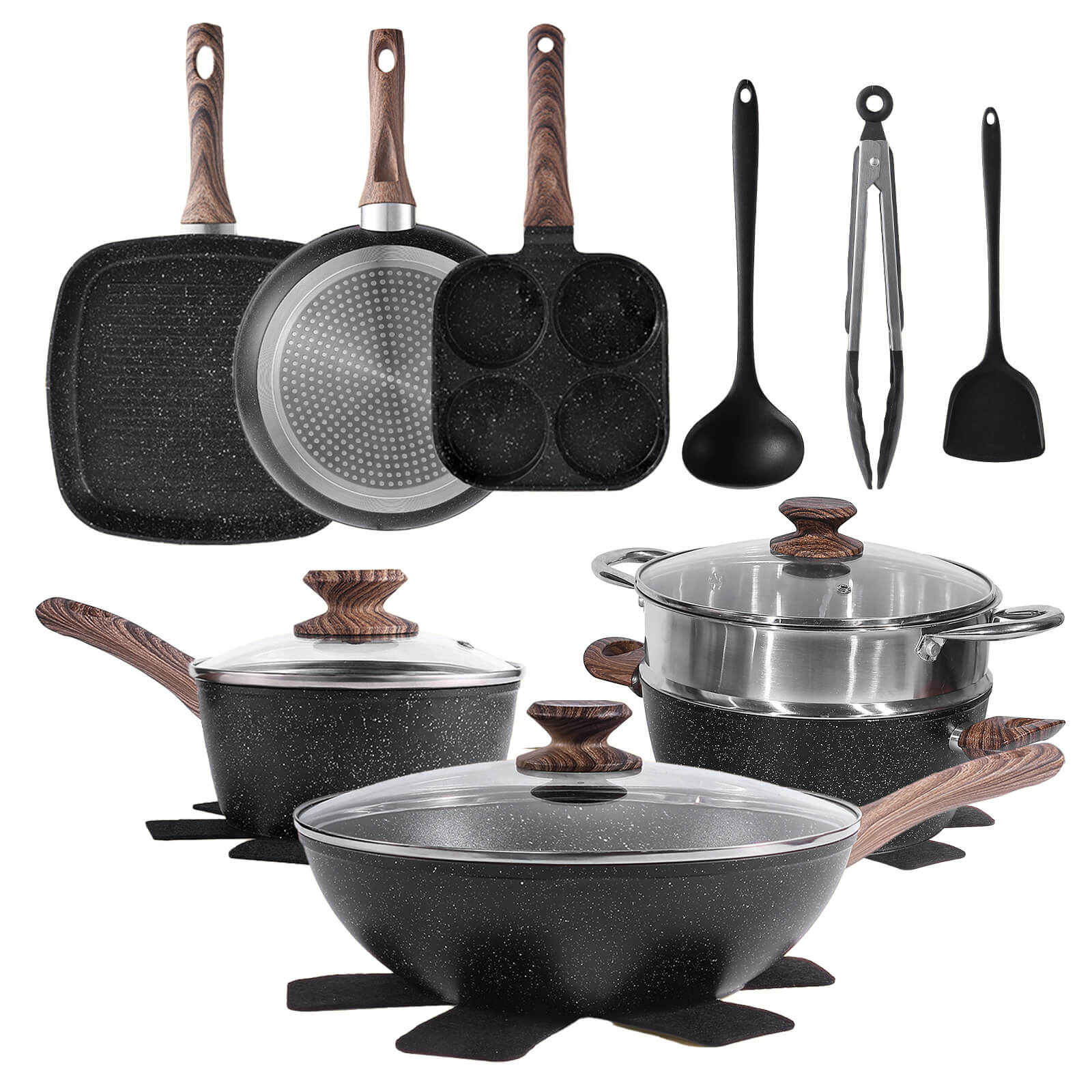 17-Piece Non-Stick Cookware Set with Detachable Handles