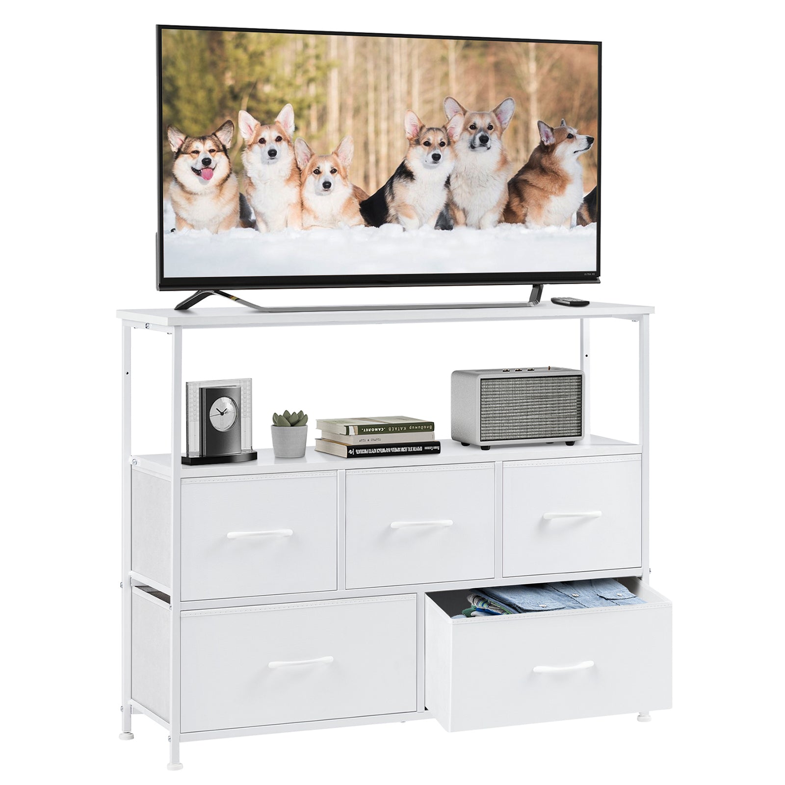 Modern TV Stand with 5 Fabric Drawers, Adjustable Feet, TV Cabinet for Living Room Bedroom
