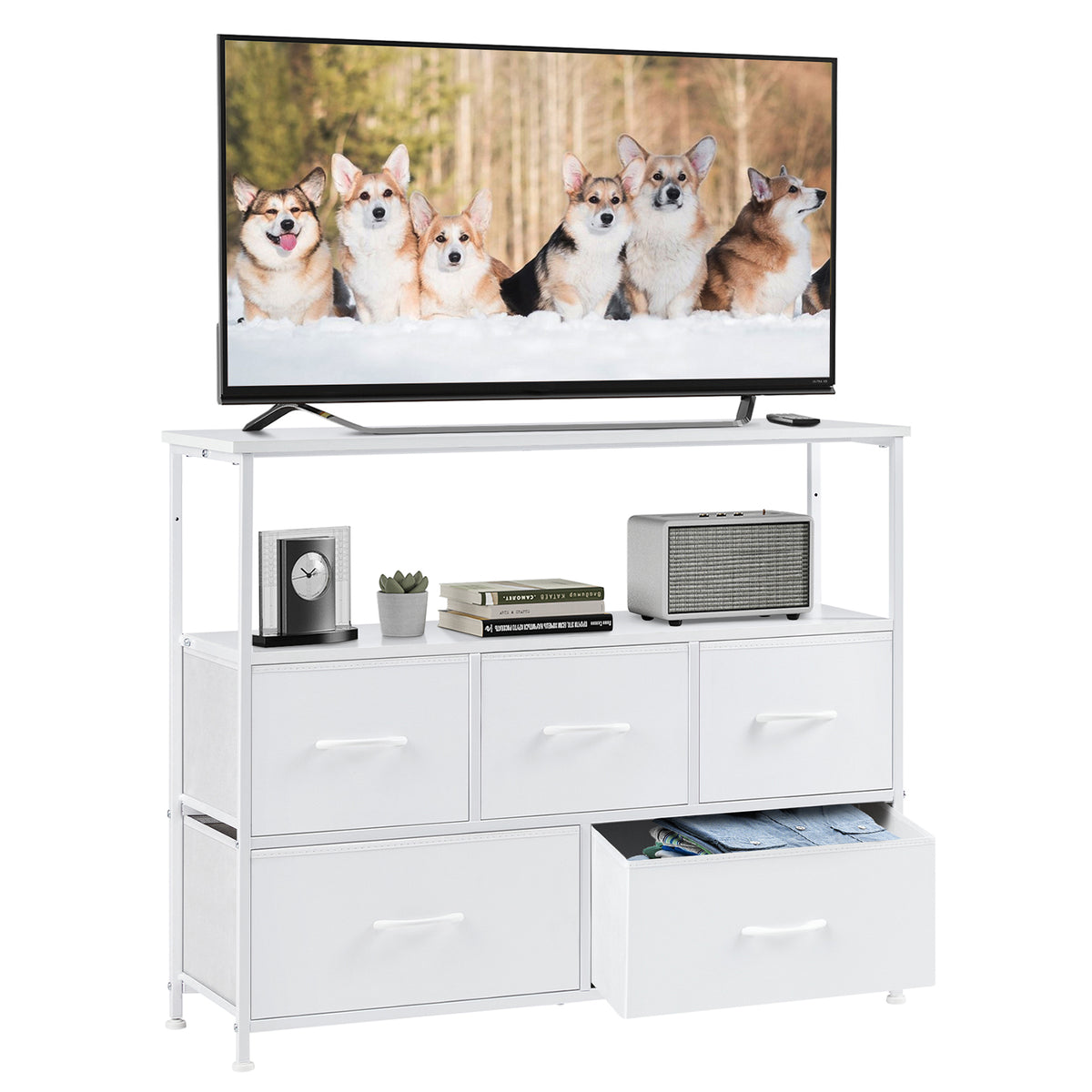 Modern TV Stand with 5 Fabric Drawers, Adjustable Feet, TV Cabinet for Living Room Bedroom