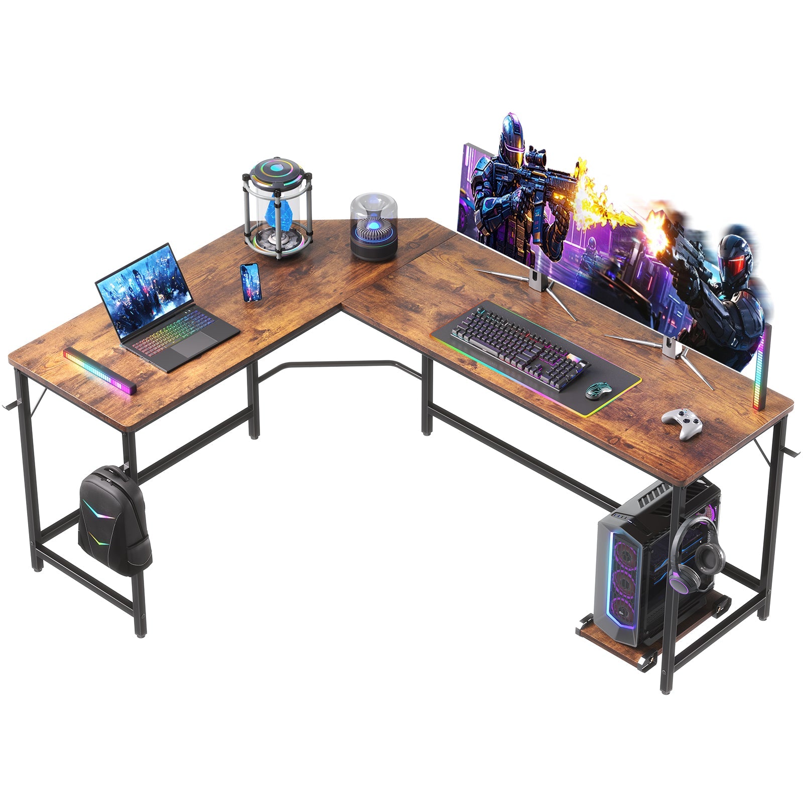 L-shaped Computer Desk with CPU Stand and Side Hooks