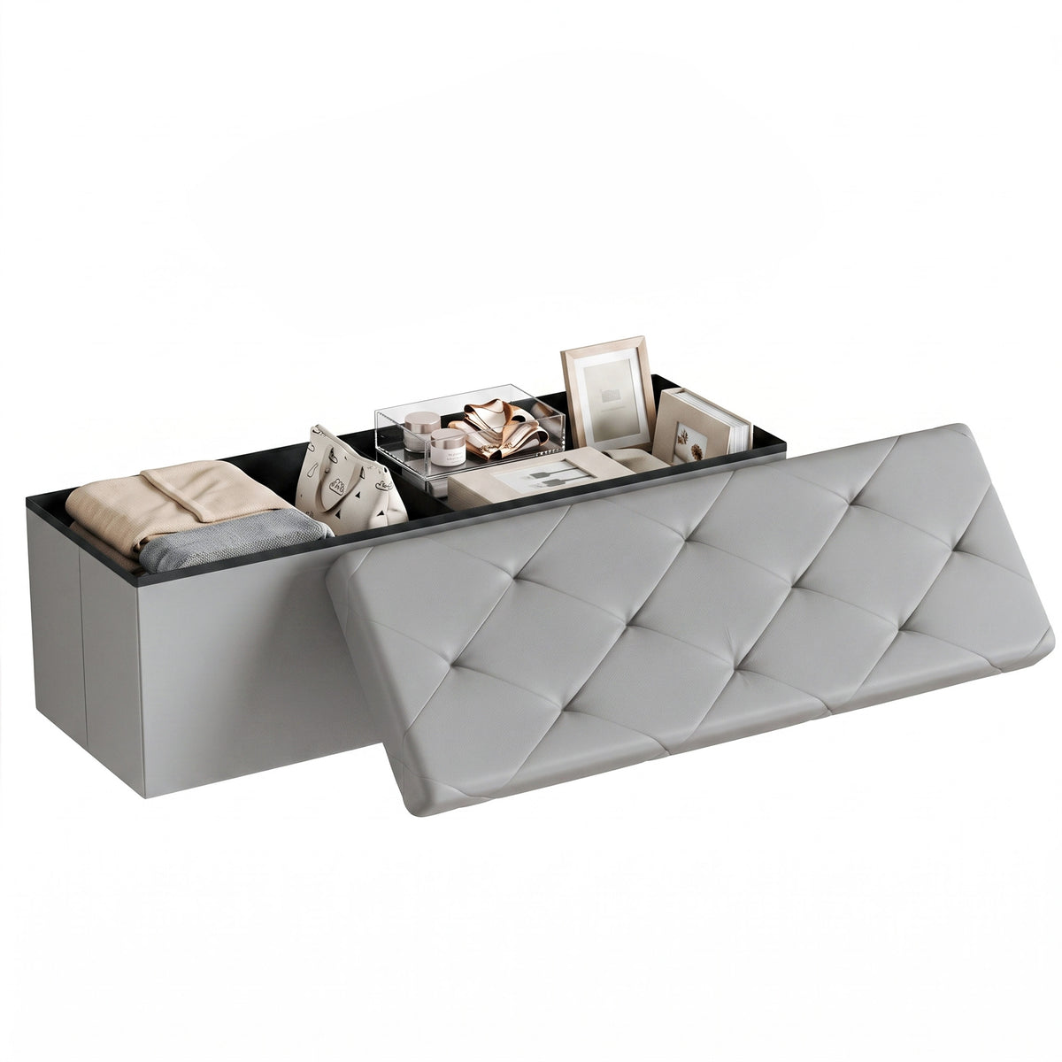 Storage Ottoman Bench, Foldable PVC Leather Chest &amp; Foot Stool with Padded Seat for Bedroom, Supports 660 lbs