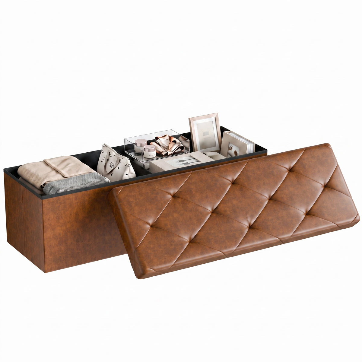 Storage Ottoman Bench, Foldable PVC Leather Chest &amp; Foot Stool with Padded Seat for Bedroom, Supports 660 lbs