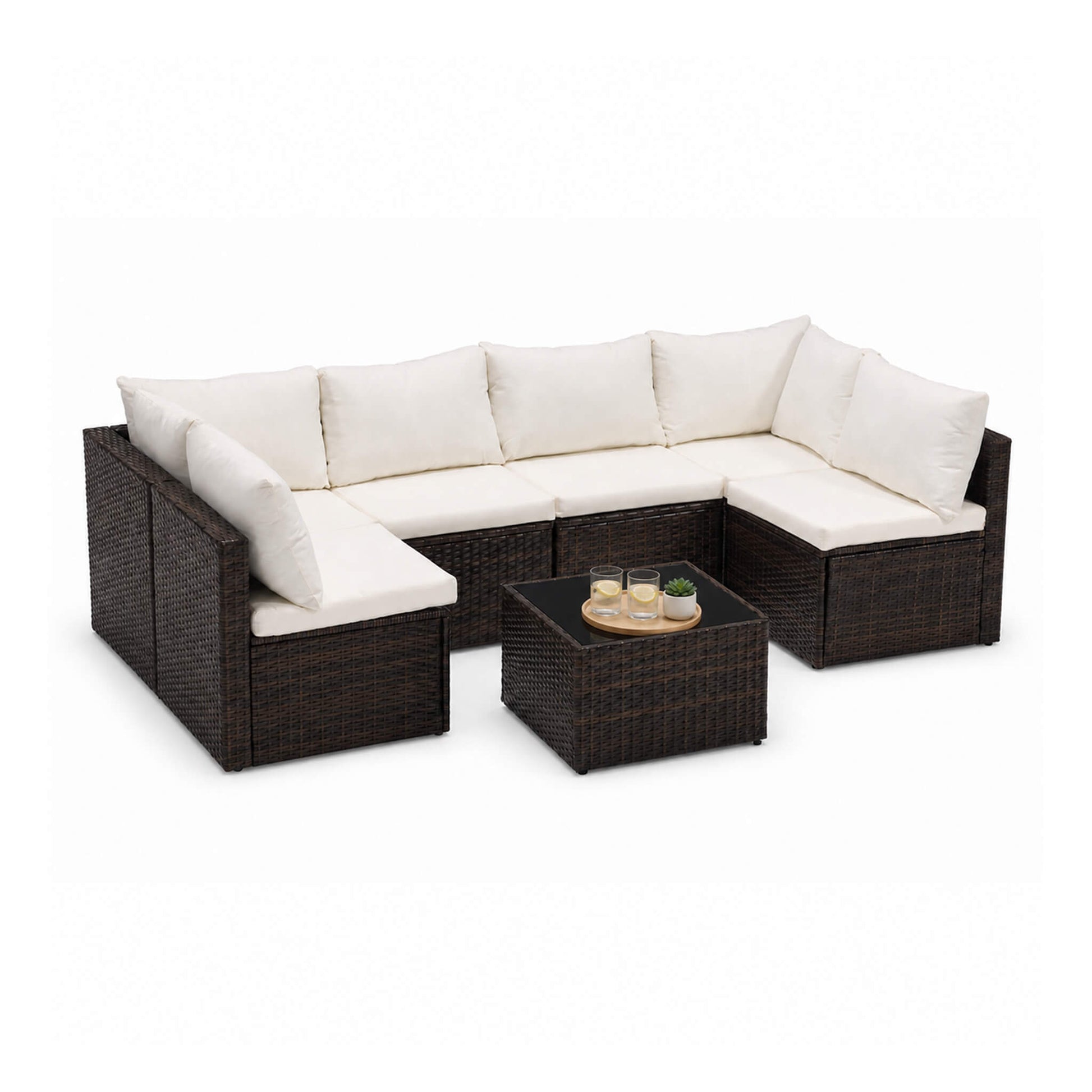 Outdoor Wicker Sectional Sofa Set-6 Sectionals & Glass Table
