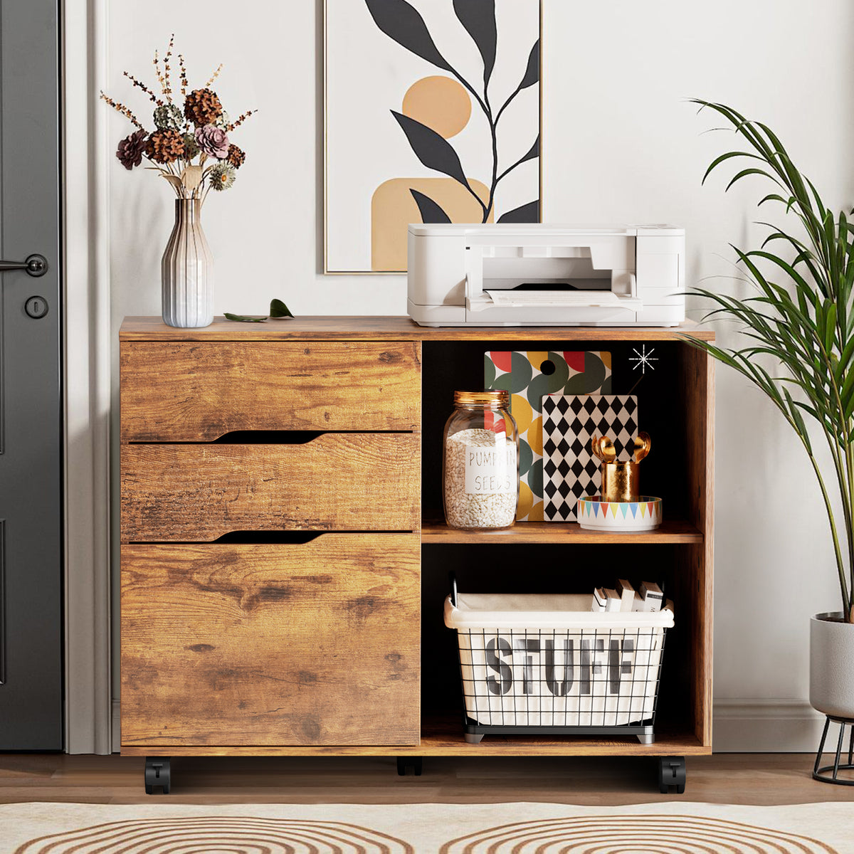 3-Drawer Rolling File Cabinet with Open Storage Shelf - Black/White