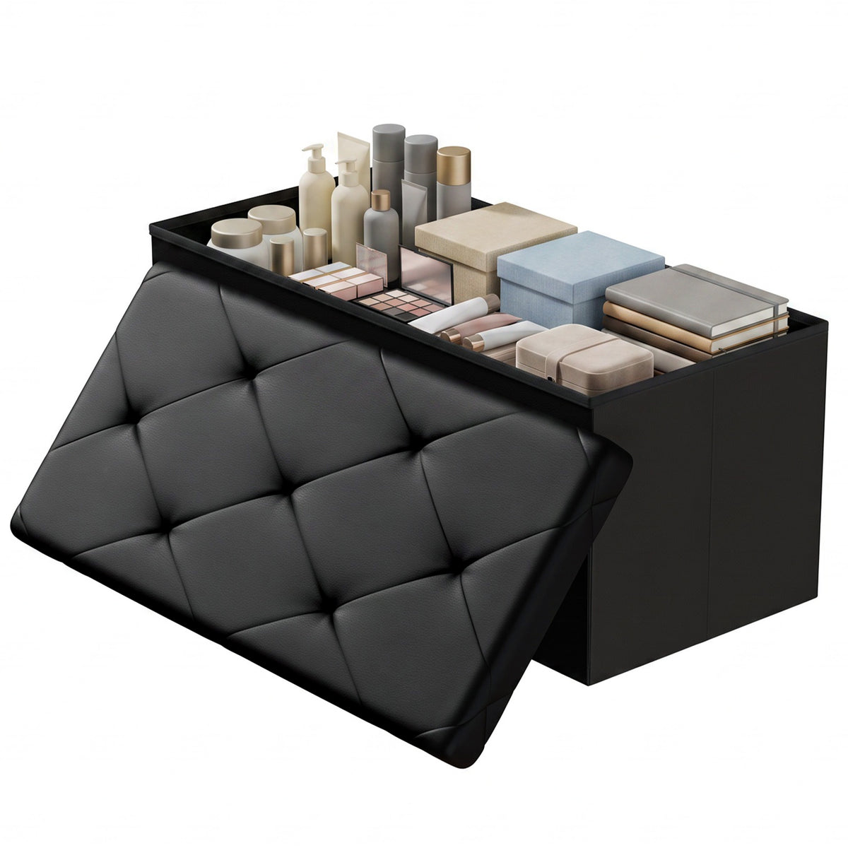 Storage Ottoman Bench, Foldable PVC Leather Chest &amp; Foot Stool with Padded Seat for Bedroom, Supports 660 lbs