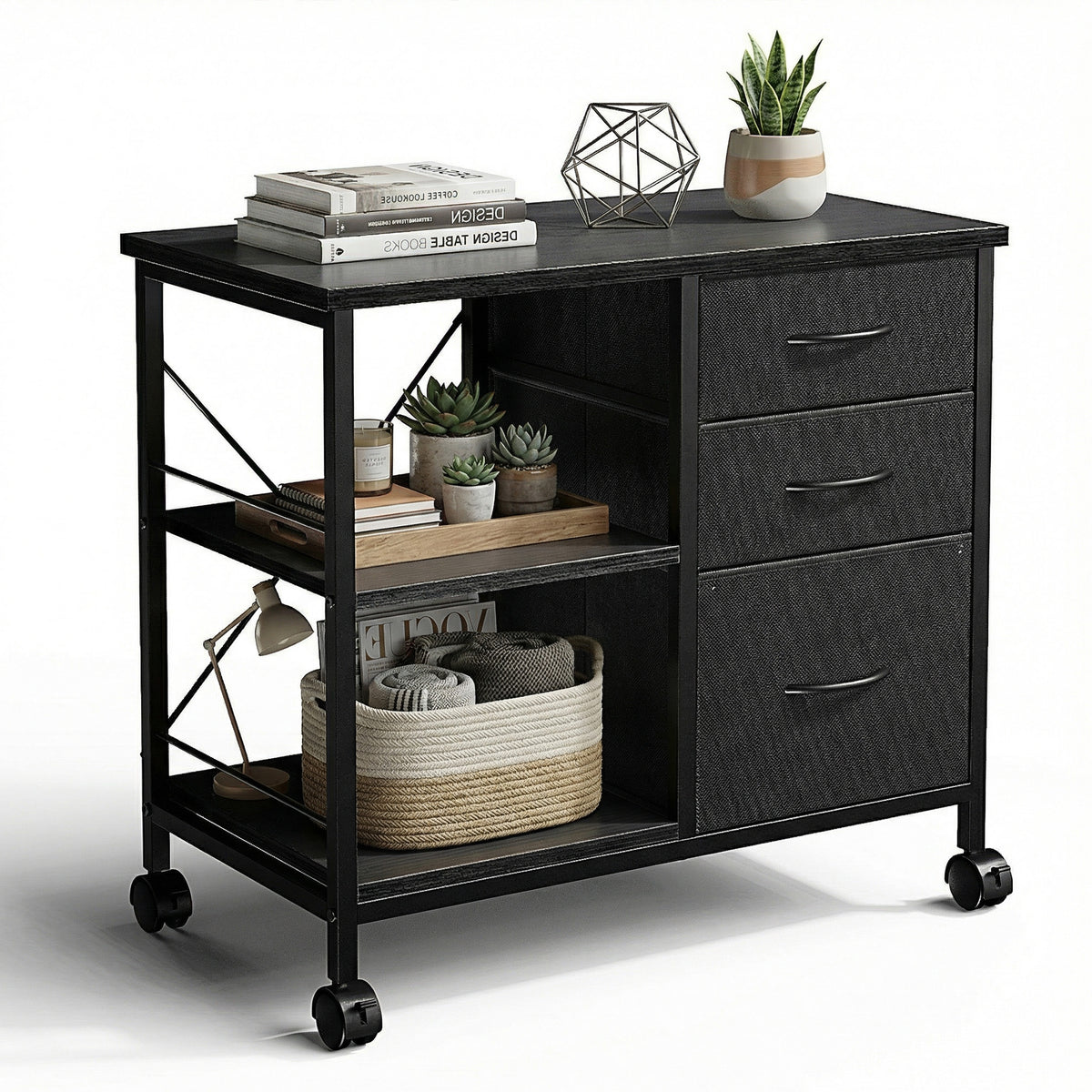3-Drawer Fabric Rolling File Cabinet with Open Storage Shelf