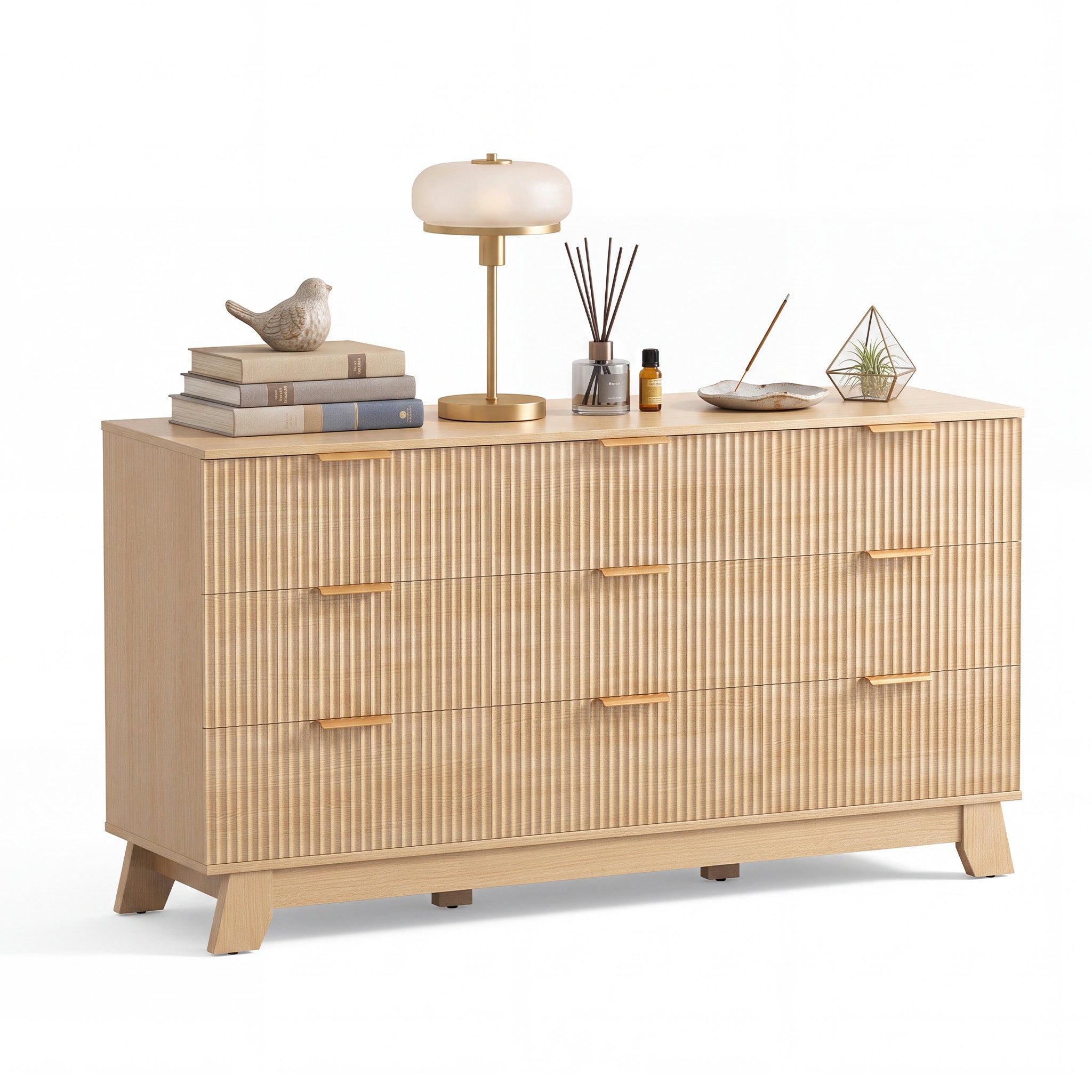 Modern Fluted 9-Drawer Dresser, Wide Wood Chest with Metal Handles, Natural Oak