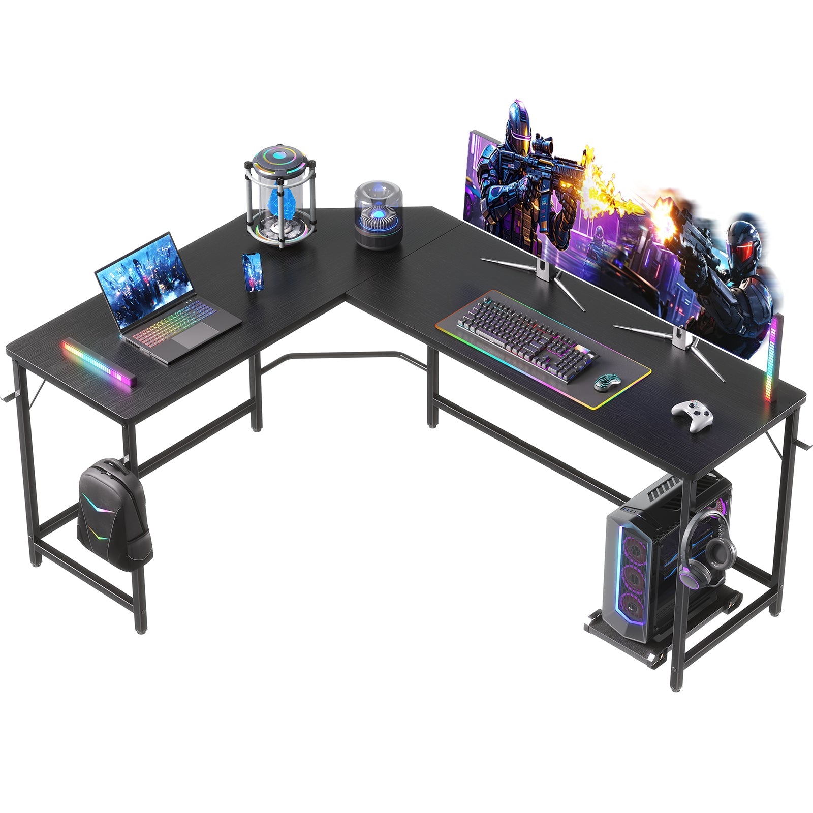 L-shaped Computer Desk with CPU Stand and Side Hooks