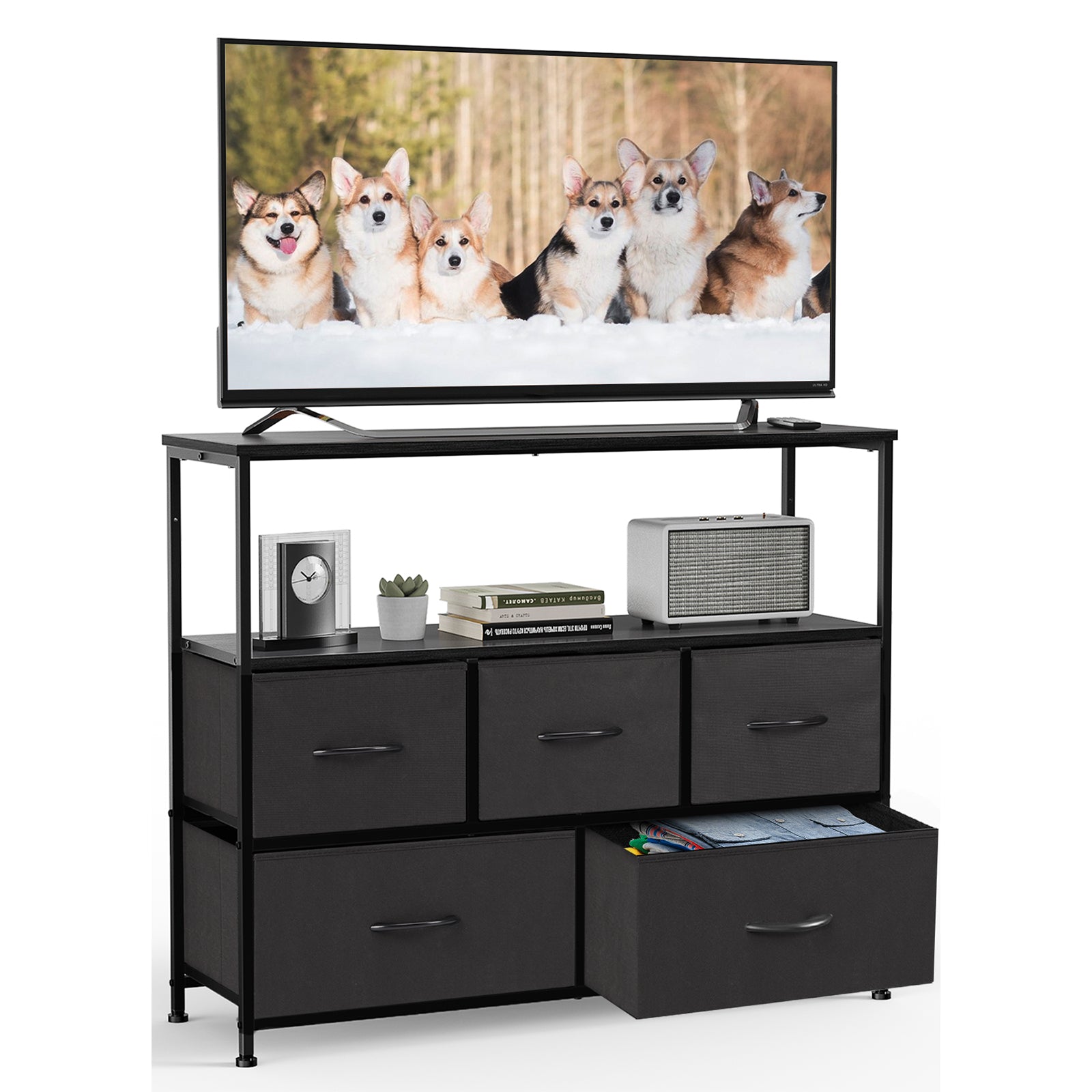 Modern TV Stand with 5 Fabric Drawers, Adjustable Feet, TV Cabinet for Living Room Bedroom
