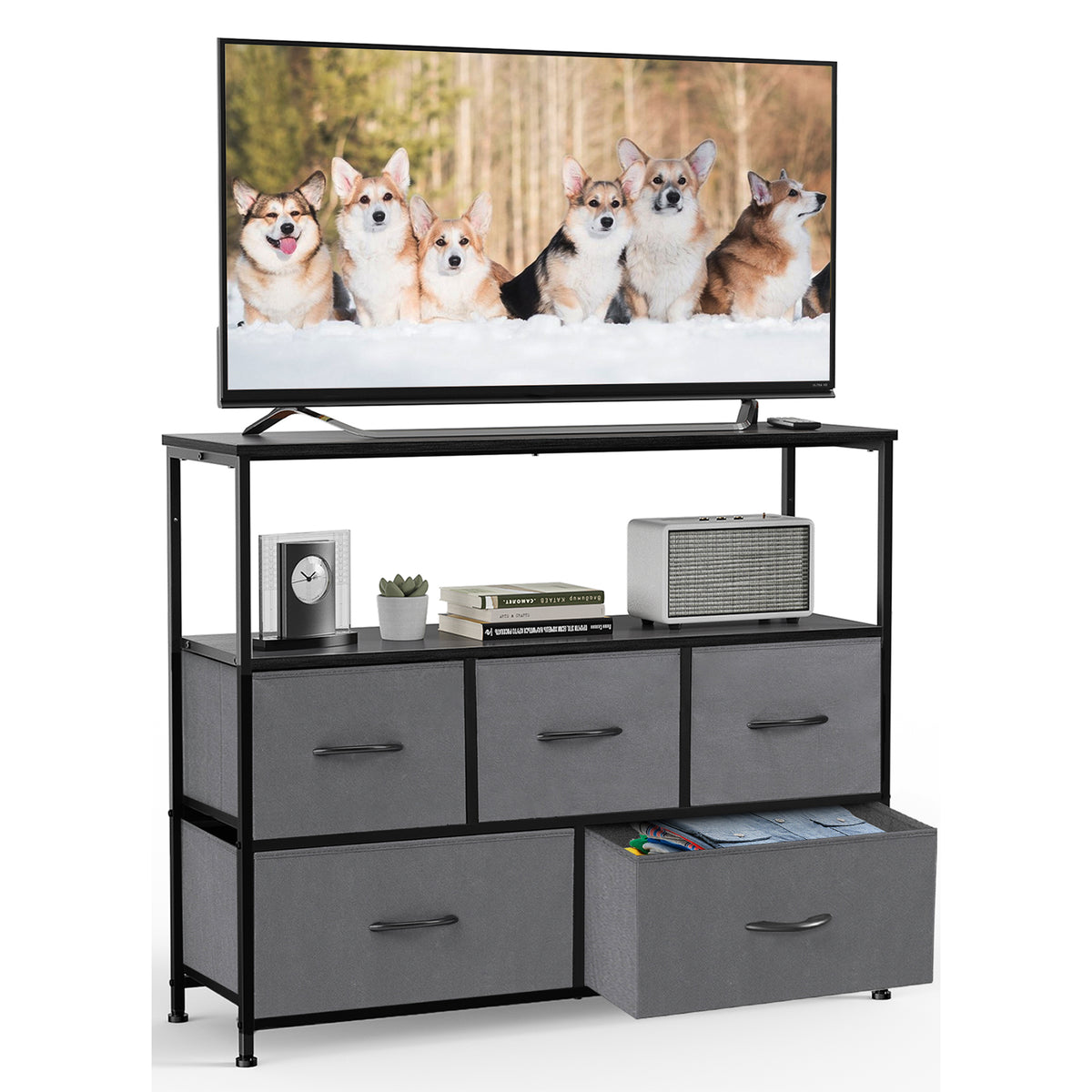Modern TV Stand with 5 Fabric Drawers, Adjustable Feet, TV Cabinet for Living Room Bedroom