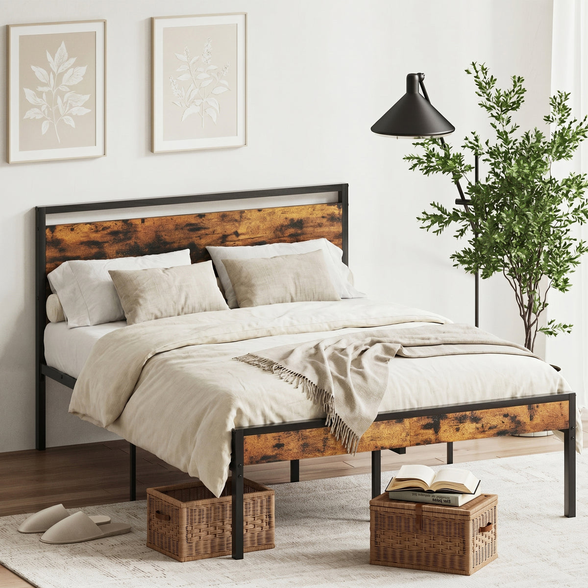 Metal Platform Bed Frame with Wooden Headboard & Footboard, No Box Spring Needed