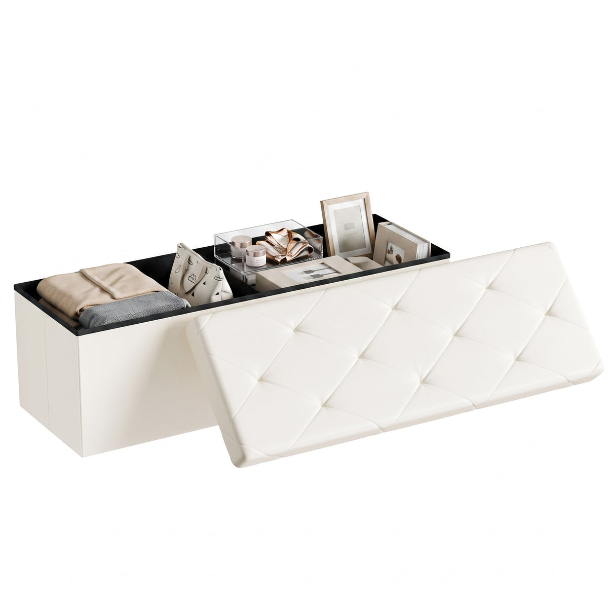 Storage Ottoman Bench, Foldable PVC Leather Chest &amp; Foot Stool with Padded Seat for Bedroom, Supports 660 lbs