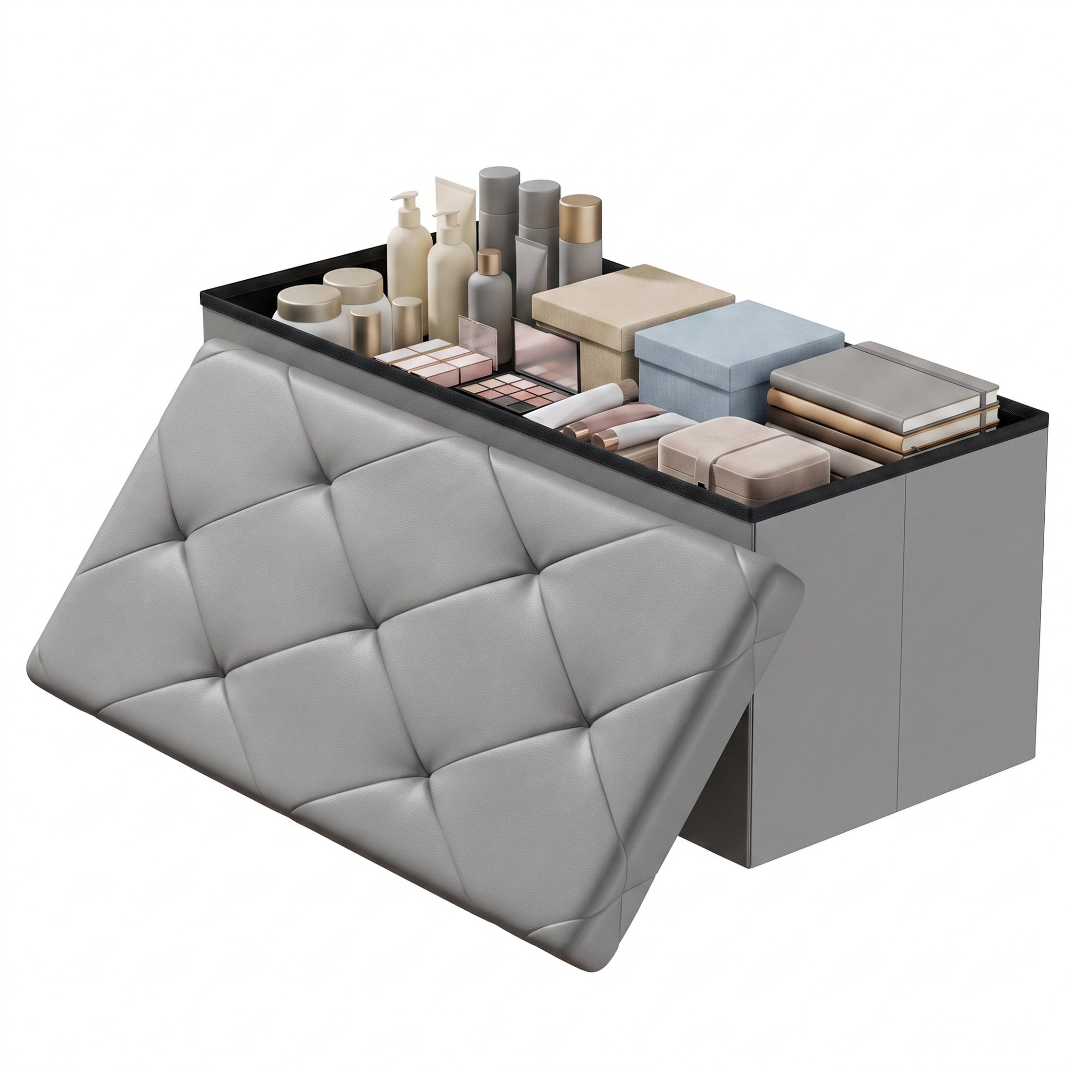 Storage Ottoman Bench, Foldable PVC Leather Chest &amp; Foot Stool with Padded Seat for Bedroom, Supports 660 lbs